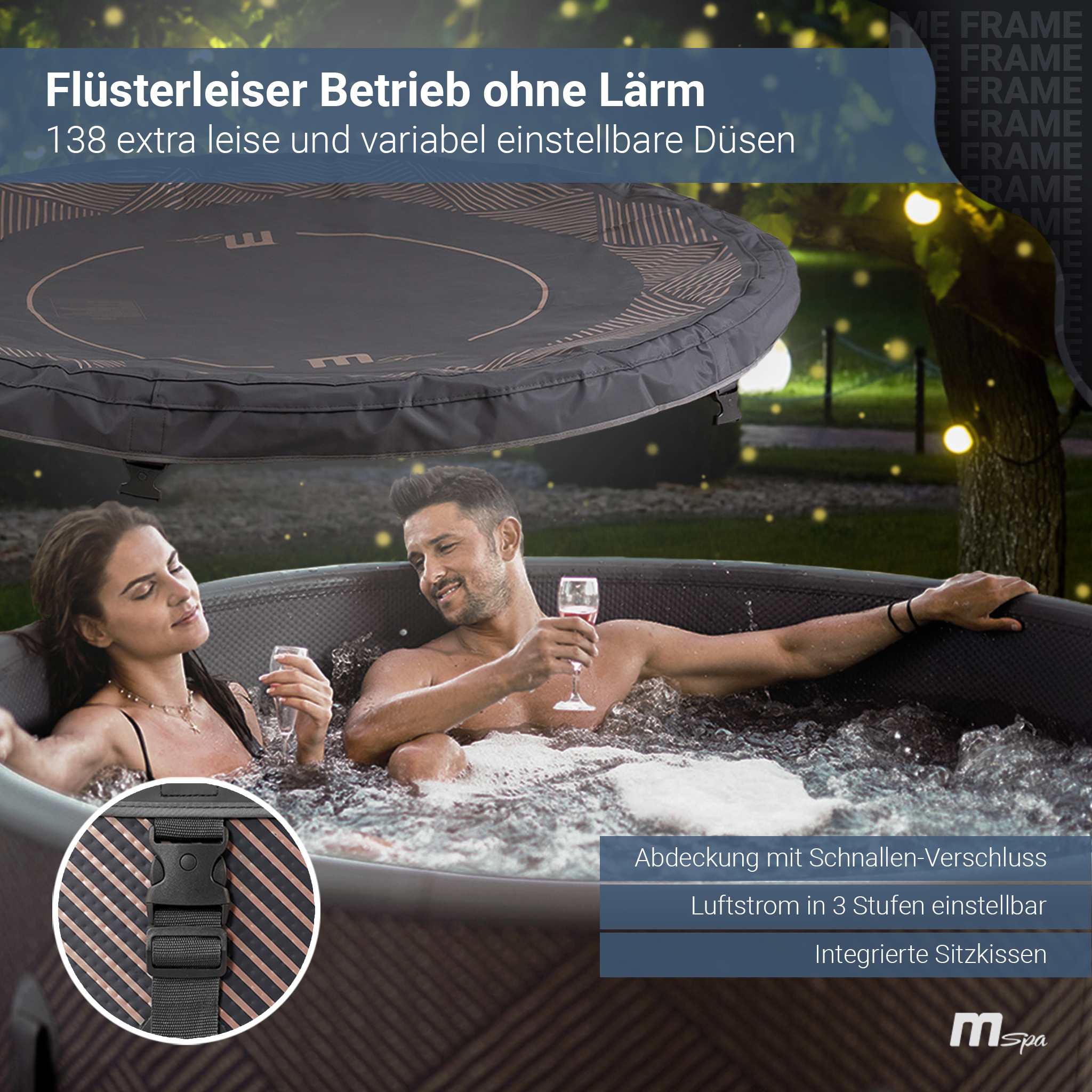 Ein Paar im Whirlpool, mit Text über das System und drei Luftstromstufen.