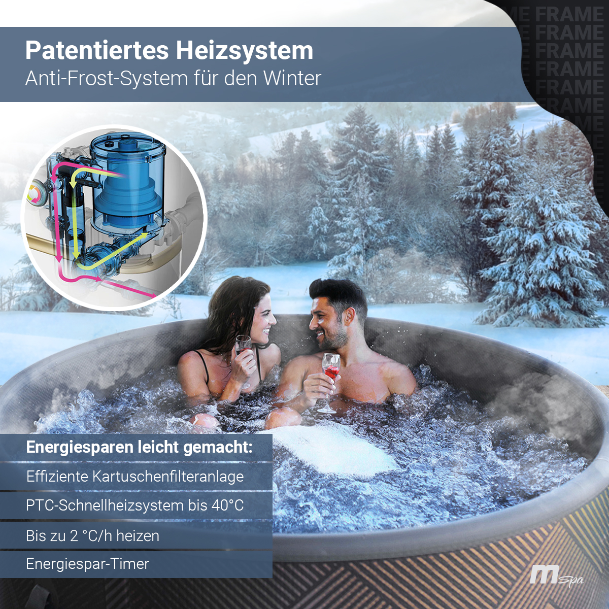 Ein Paar trinkt im Whirlpool. Der Whirlpool ist von Schnee umgeben.