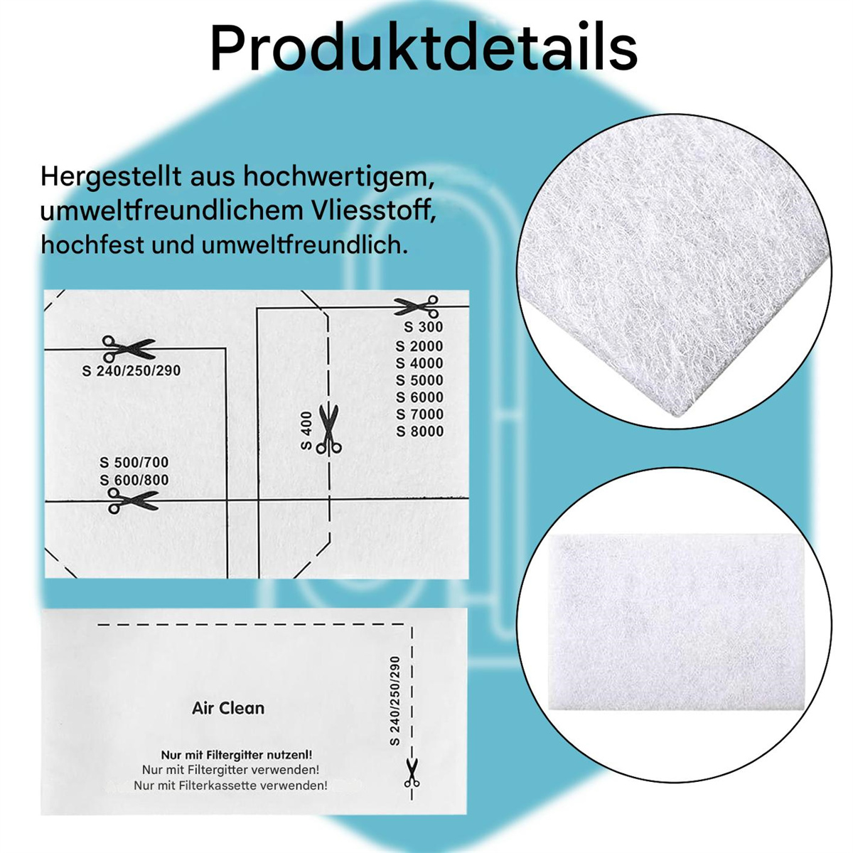 Papierausschnitte mit Text, Scheren und Filterteilen. Einer zeigt das Detail des Filtermaterials.