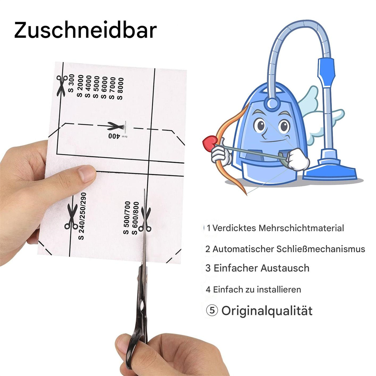 Schere schneidet einen Filter. Das Bild zeigt einen Cartoon-Staubsauger mit Pfeil.