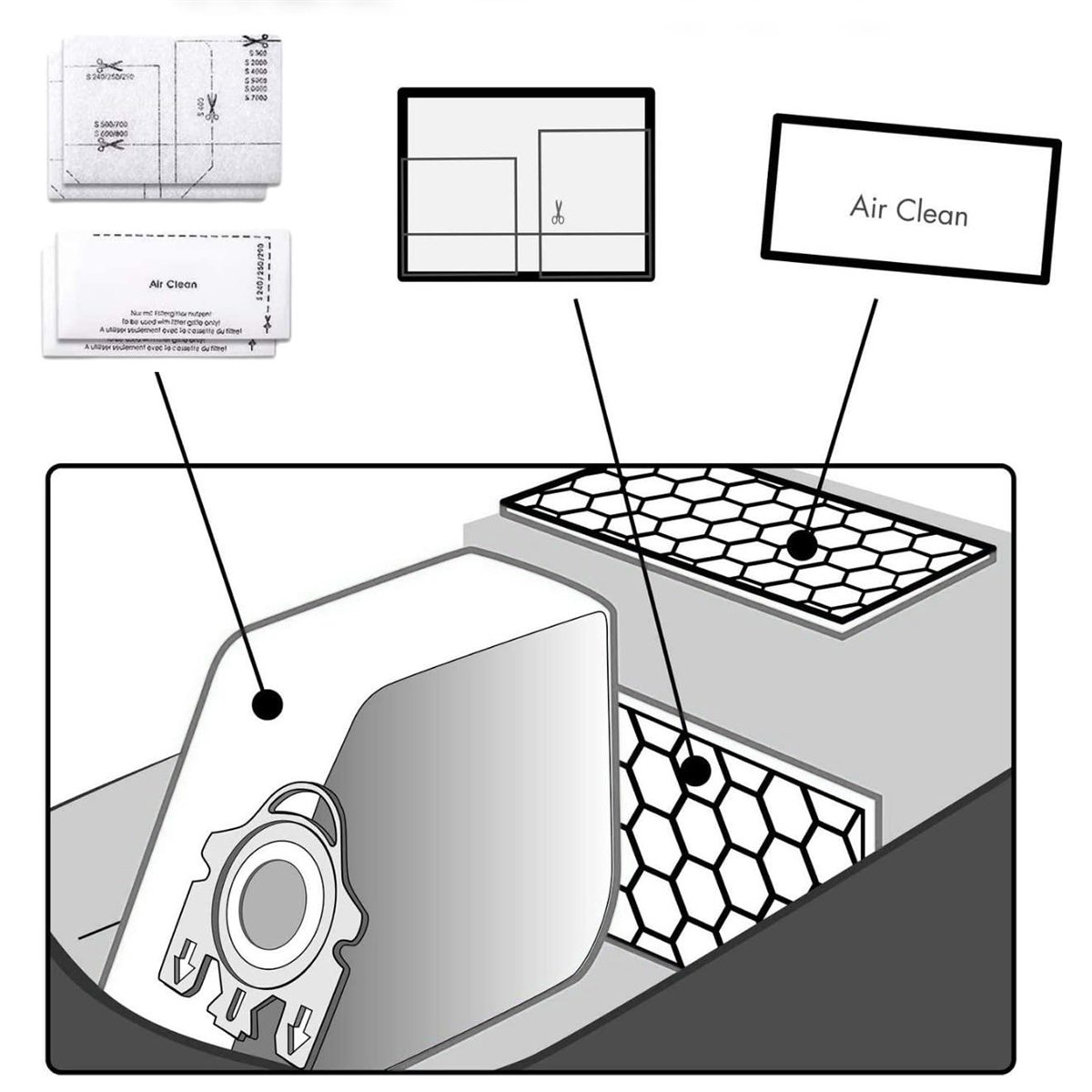 Diagramm der Staubsaugerfilterkomponenten. Zeigt Schnittlinien und einen Filterbeutel.