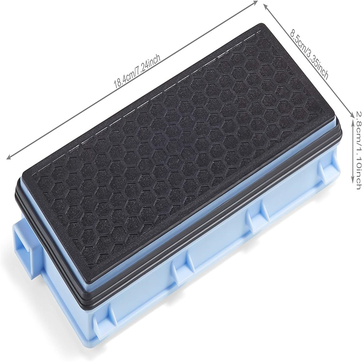 Schwarzer Filter mit blauem Sockel. Abmessungen sichtbar.