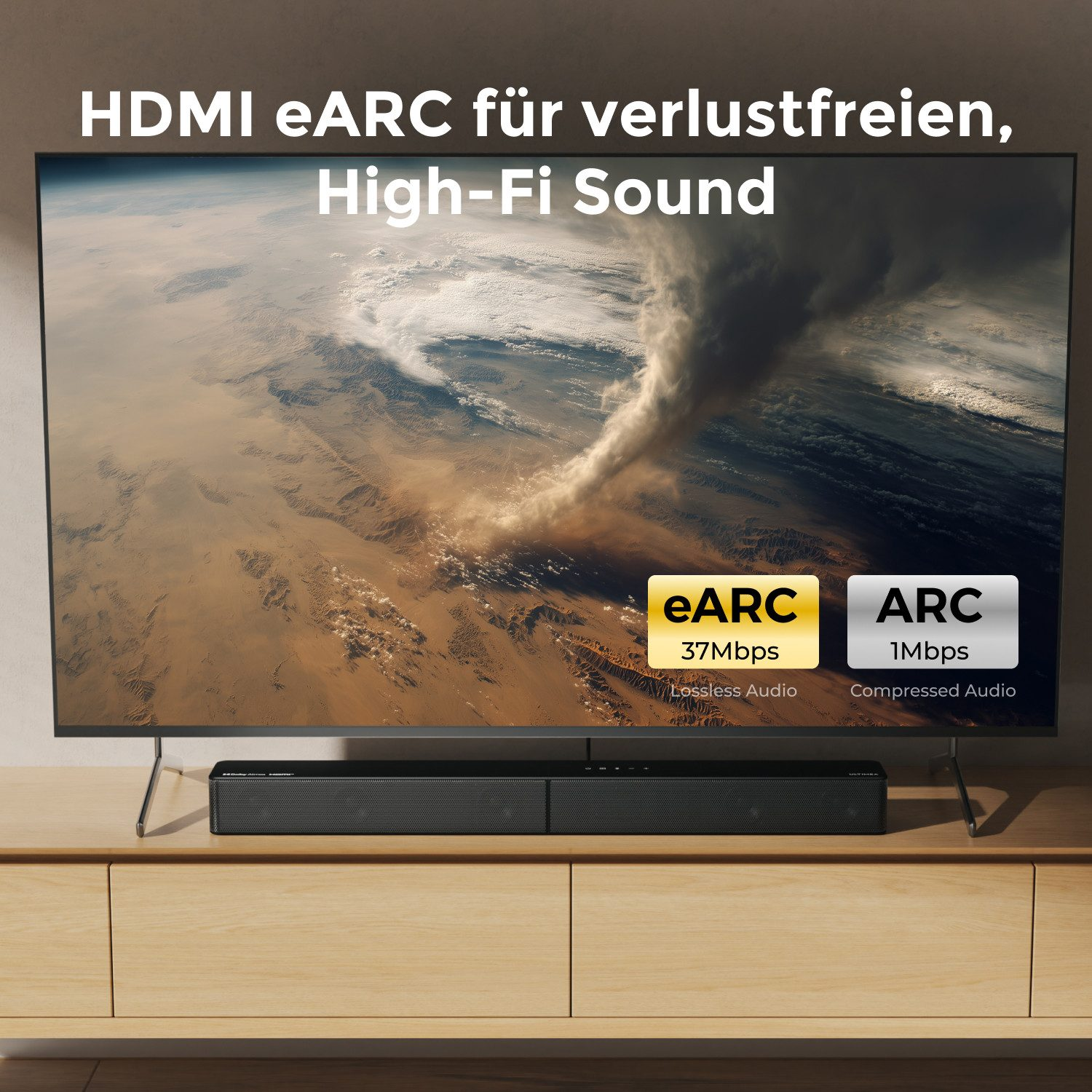 Ein Fernseher mit Soundbar darunter. Zeigt eARC vs. ARC. Der Hintergrund ist eine Landschaft.