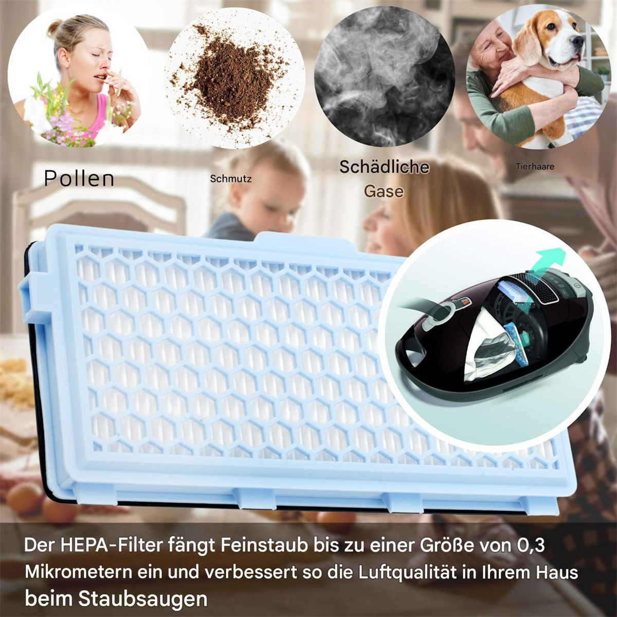 Ein blauer Filter mit Bildern von Pollen, Schmutz, Rauch und Tierhaaren. Ein Staubsauger wird gezeigt.