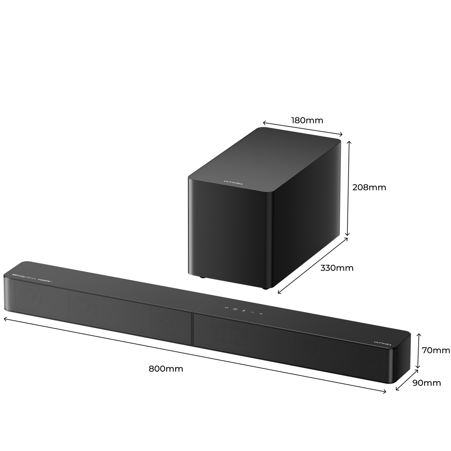 Black soundbar and subwoofer with dimensions. Soundbar is long and thin, subwoofer is a cube.