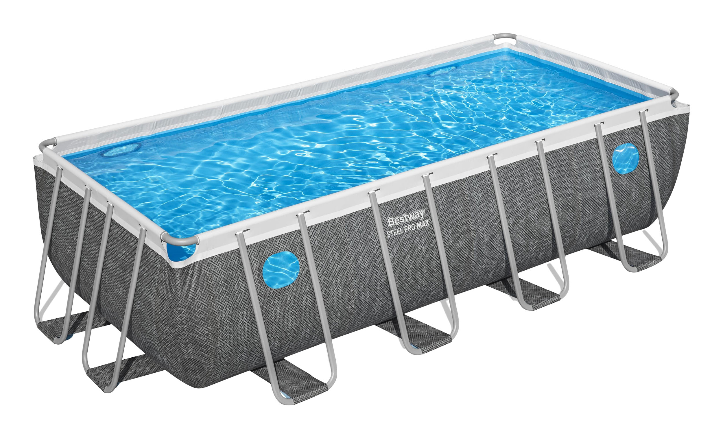 Basen Bestway Steel Pro Max, prostokątny, wypełniony wodą, na białym tle.