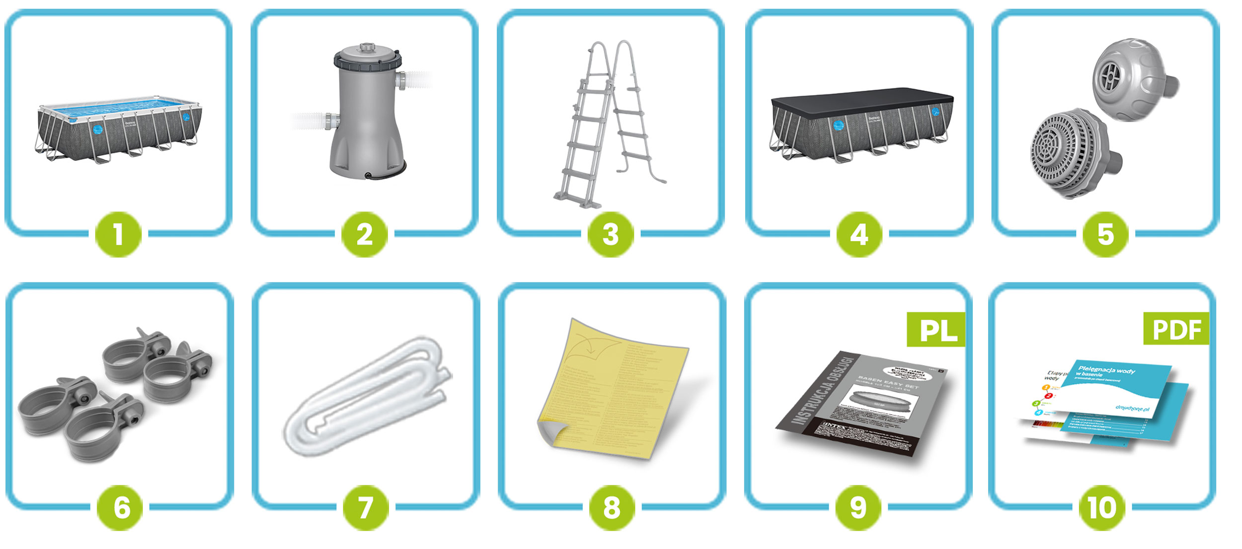 Wyświetlane są różne akcesoria basenowe, w tym basen, filtr, drabina i pokrywa.