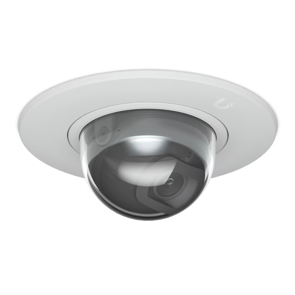 Una telecamera di sorveglianza bianca è montata su un soffitto. La telecamera ha una cupola trasparente e un obiettivo visibile.