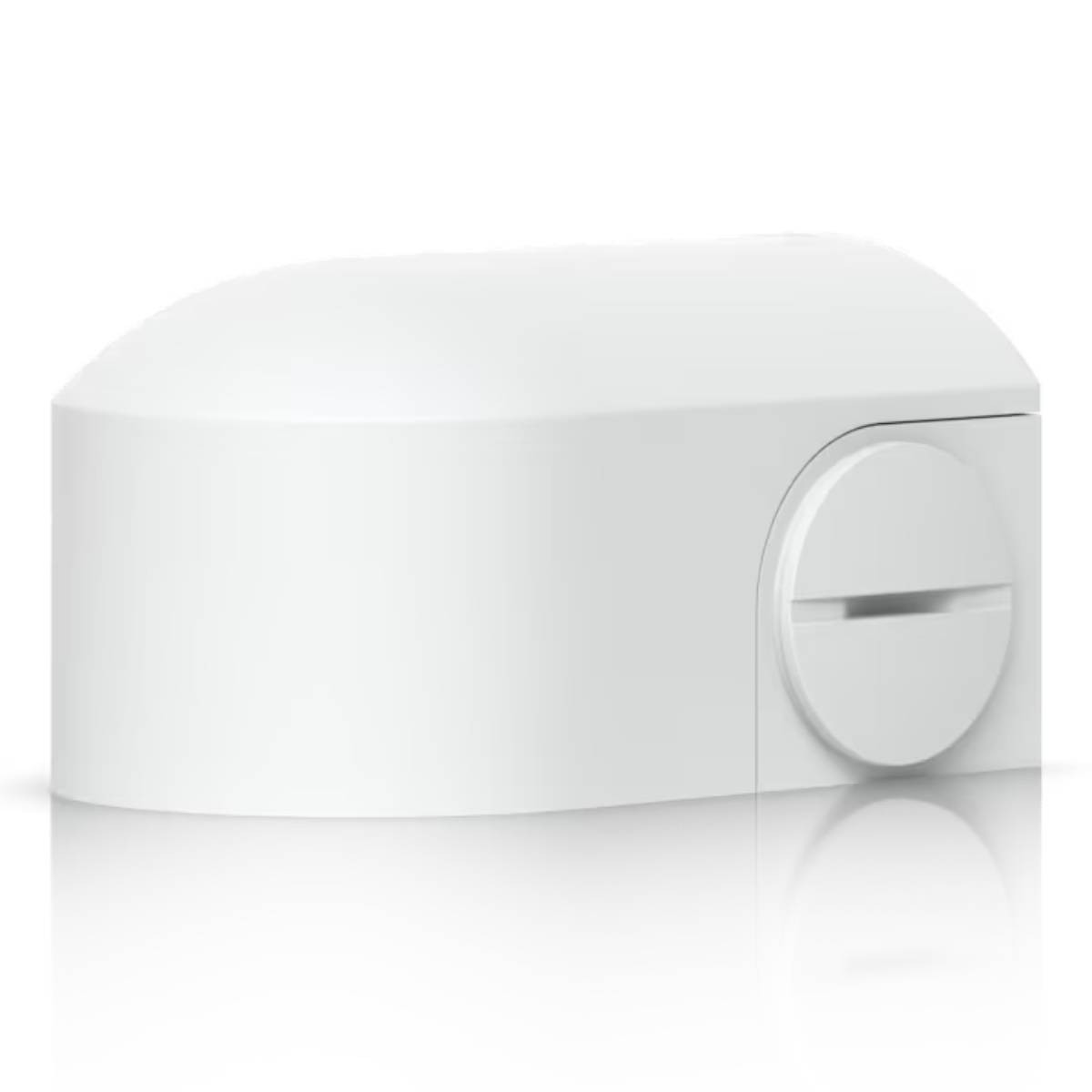 Un piccolo dispositivo elettronico rettangolare bianco con una porta rotonda sul lato.