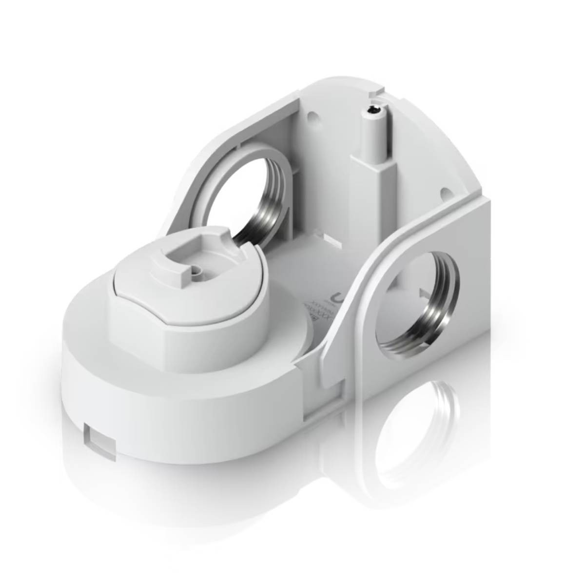 Una staffa di montaggio bianca per un dispositivo elettronico, con fori per le viti visibili e componenti interni.