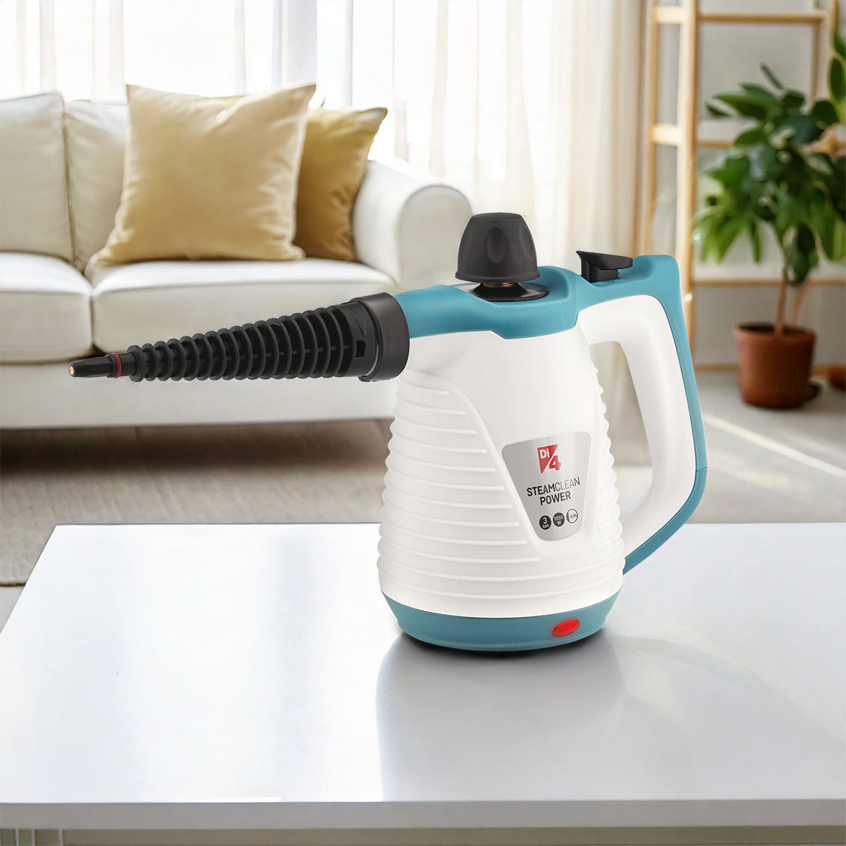 Un limpiador a vapor de mano blanco y verde azulado sobre una mesa blanca en un salón.