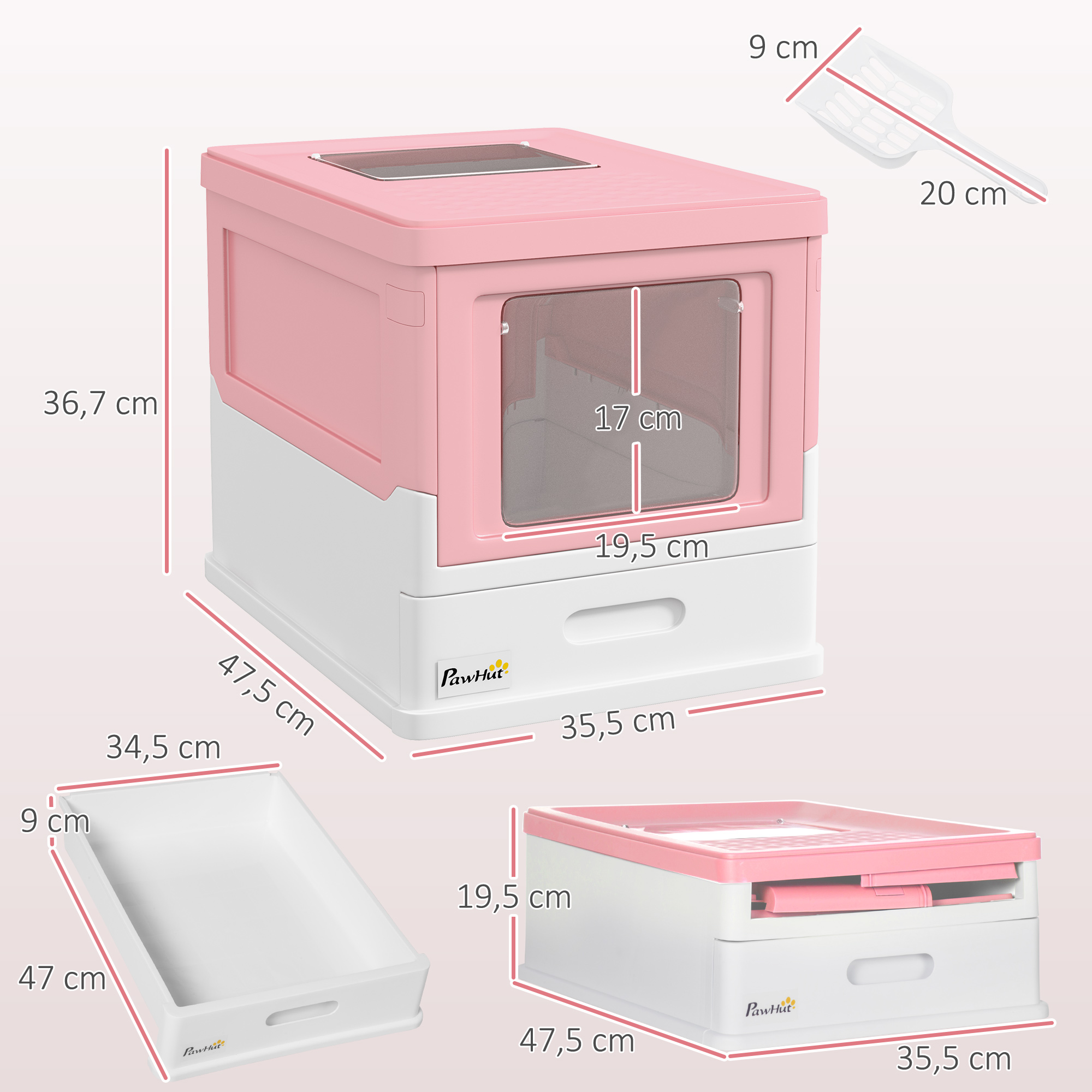 Arenero para gatos rosa y blanco con dimensiones indicadas. También se muestra una bandeja separada y una caja plegada.