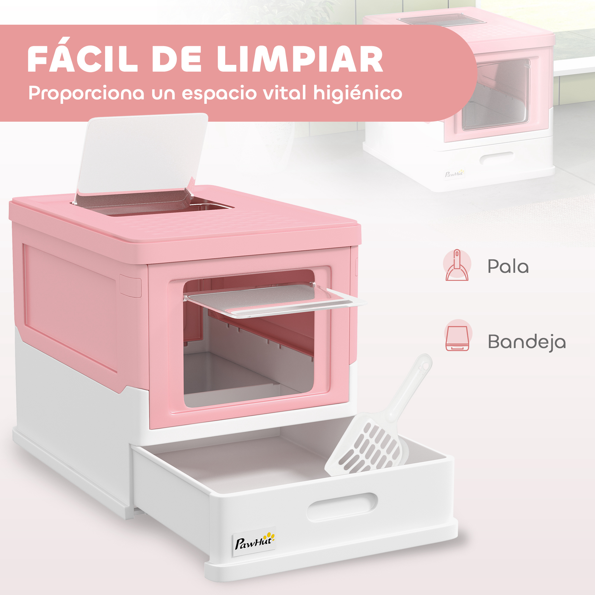 Una caja de arena rosa y blanca con la tapa abierta y una pala. Texto en español: Fácil de limpiar.