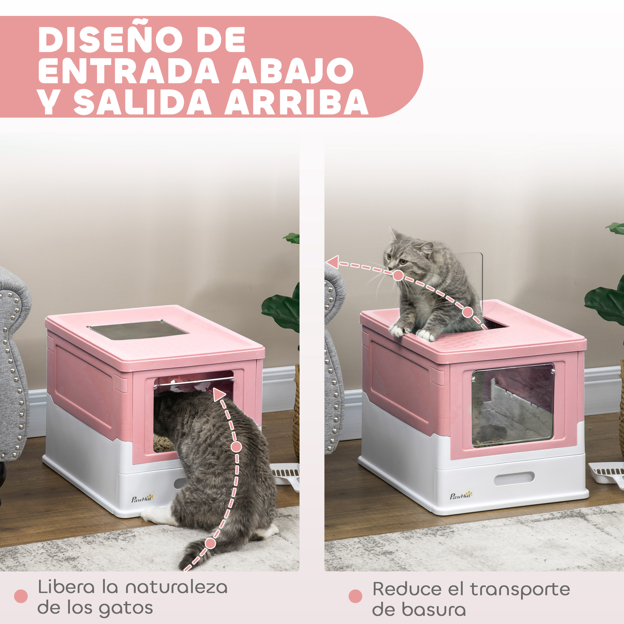Dos cajas de arena para gatos, una con un gato entrando, la otra con un gato saliendo por la abertura superior, rosa y blanco.