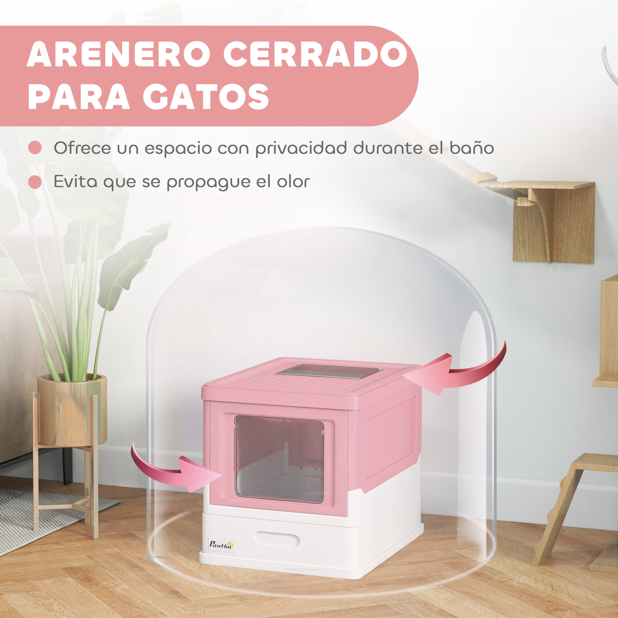 Una caja de arena rosa y blanca. Texto en español: Arenero cerrado para gatos. Ofrece privacidad y evita el olor.