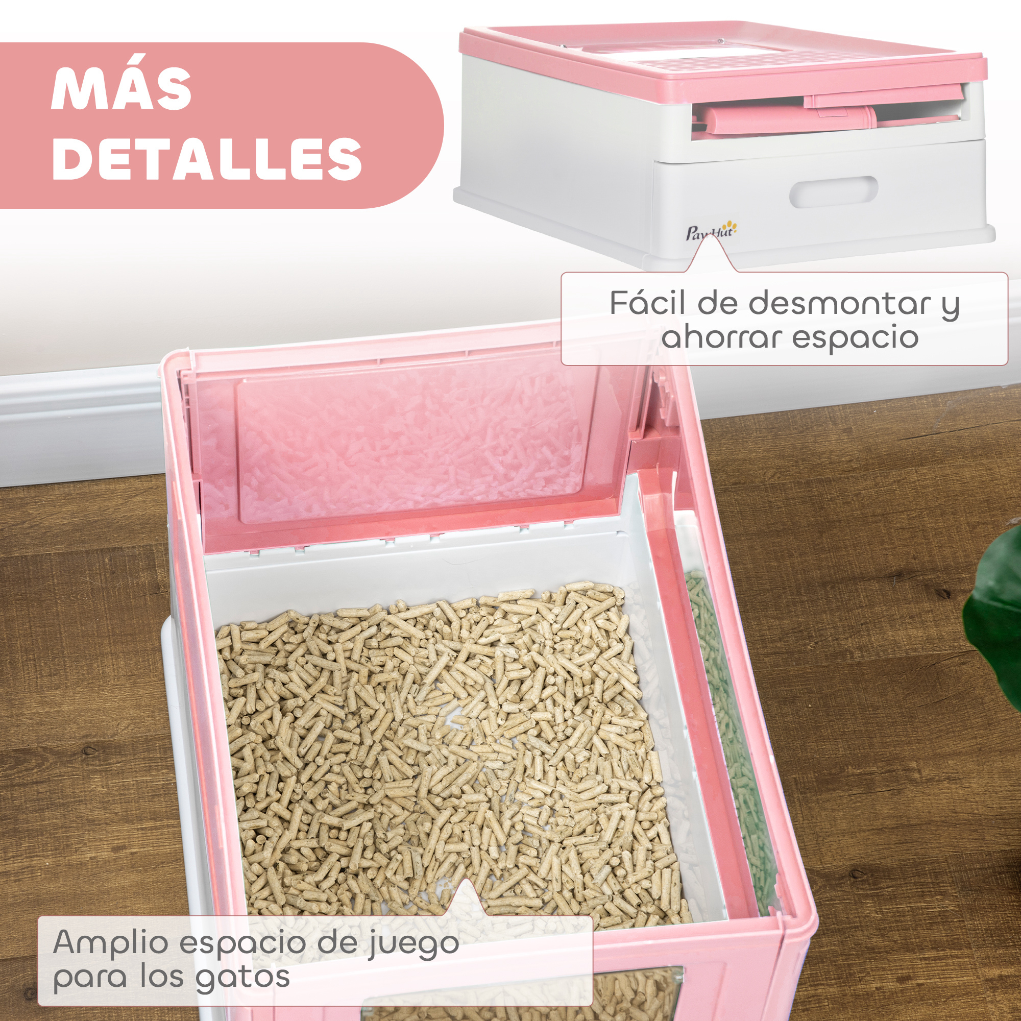 Una caja de arena rosa y blanca con la parte superior abierta, que revela la arena. Texto en español: Más detalles.