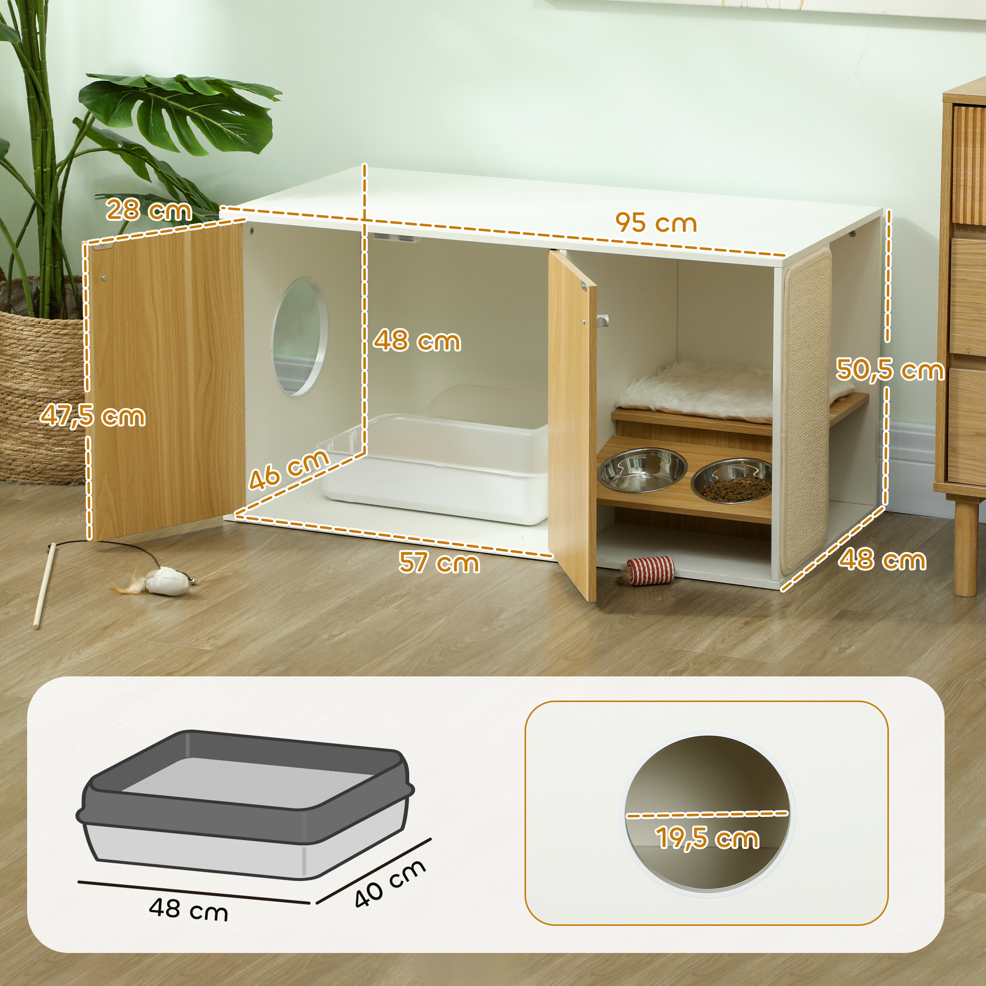 Muebles para gatos con dimensiones, incluyendo arenero y rascador.