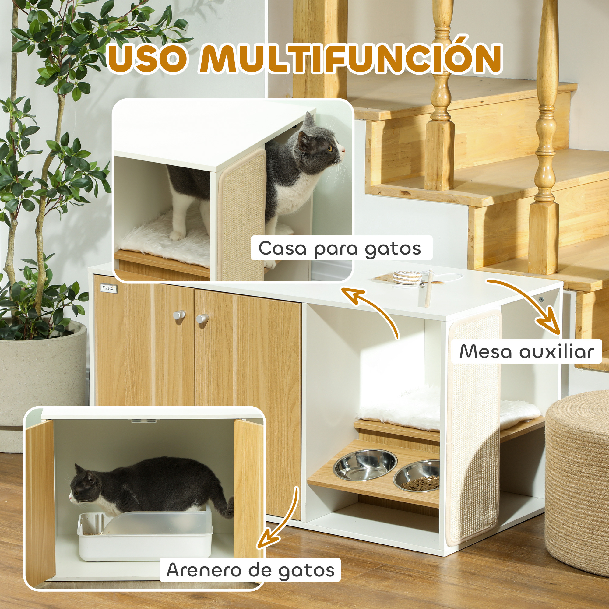 Una casa para gatos multifuncional con casa para gatos, poste rascador y área de comida.