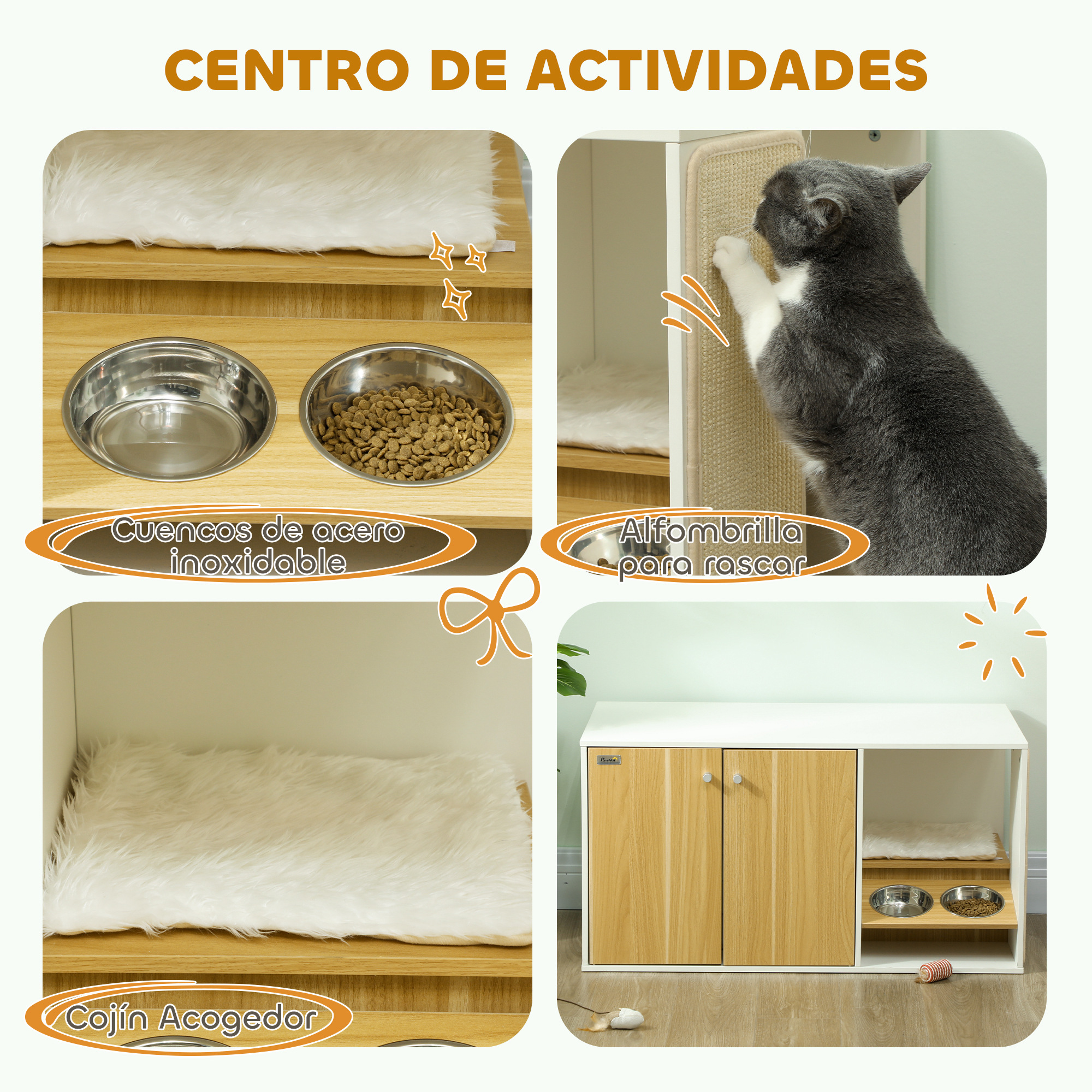 Una casa para gatos multifuncional con poste rascador, cuencos de comida y un cojín acogedor.