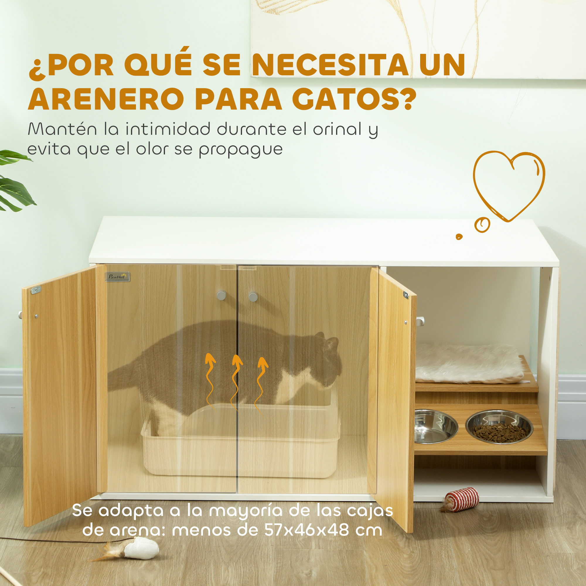Muebles para gatos con un gato dentro, dos cuencos y un rascador.