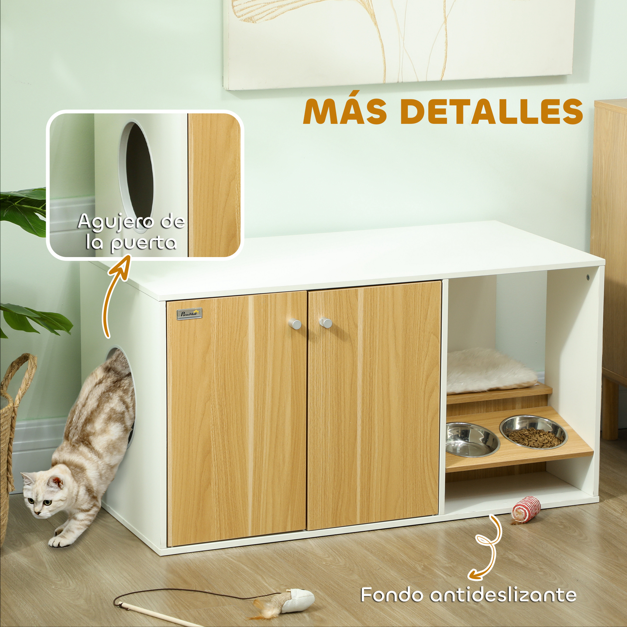 Muebles para gatos con gato entrando al agujero, con cuencos y rascador.