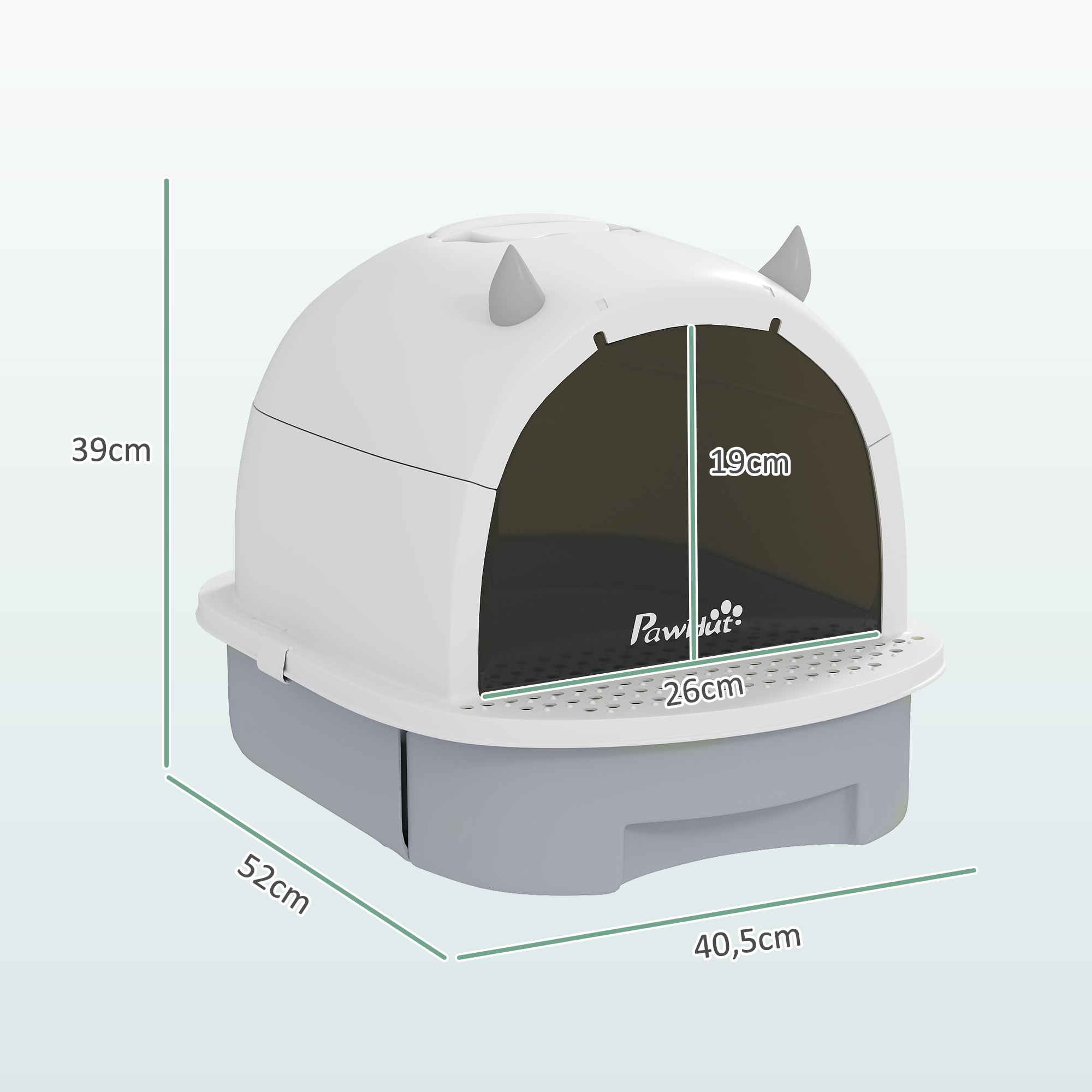 Dimensiones de una caja de arena para gatos: 52cm x 39cm x 40,5cm, con una entrada de 19cm.