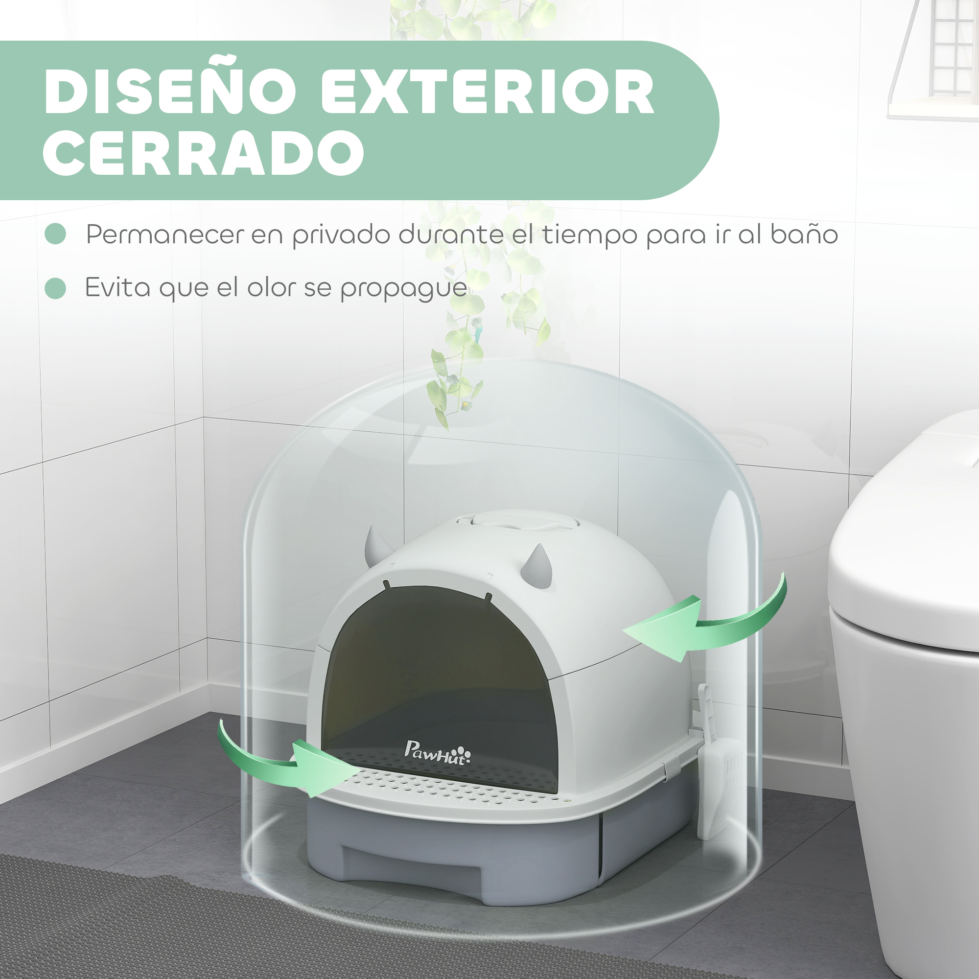 Una caja de arena para gatos en un baño. La caja es blanca con una cubierta transparente y una bandeja extraíble.