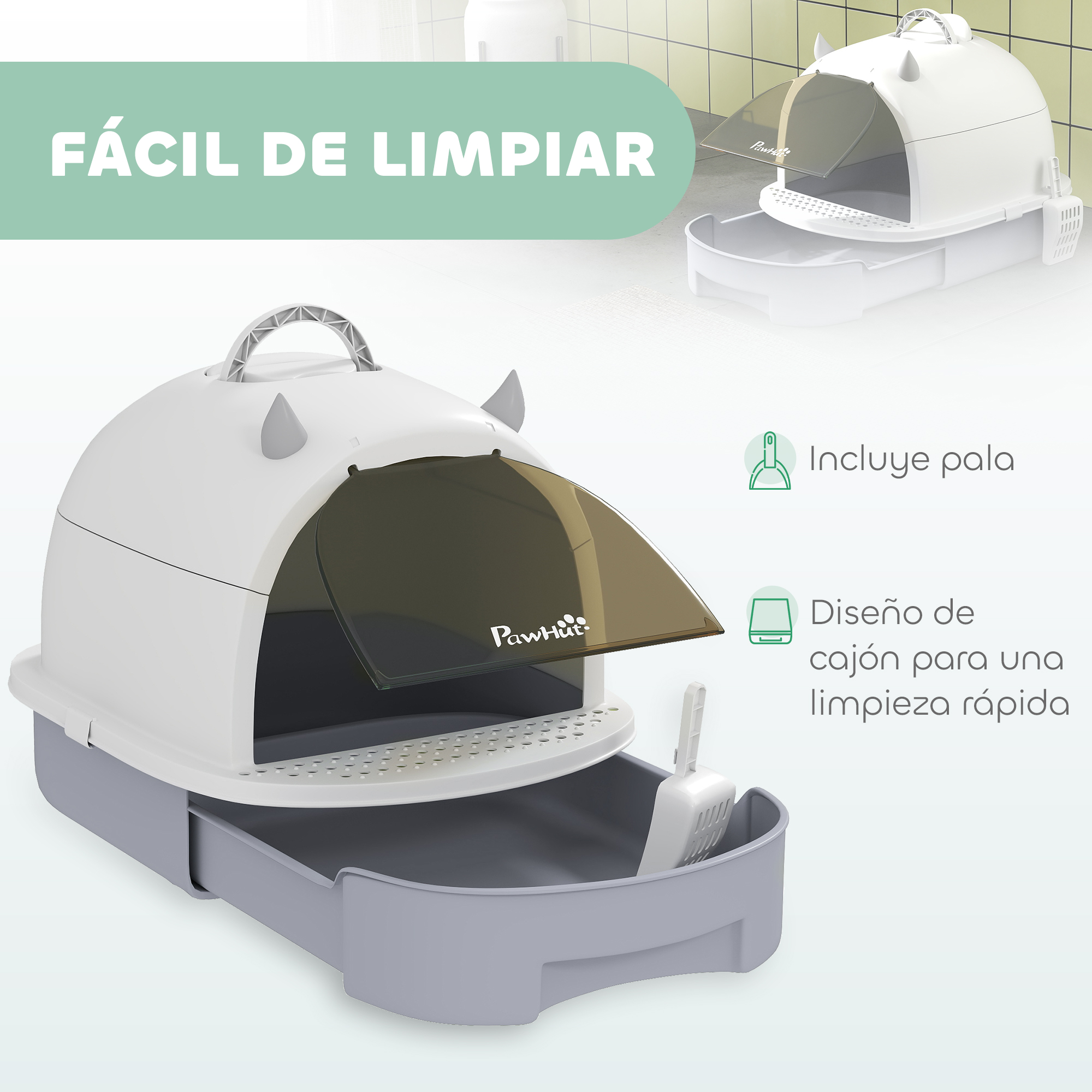 Una caja de arena para gatos blanca con una bandeja extraíble gris y una pala. La tapa está abierta.