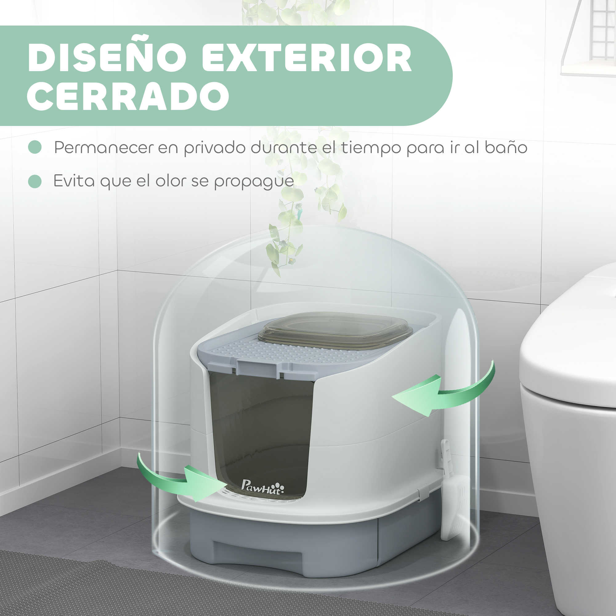 Una caja de arena cerrada para gatos junto a un inodoro, promoviendo privacidad y control de olores.