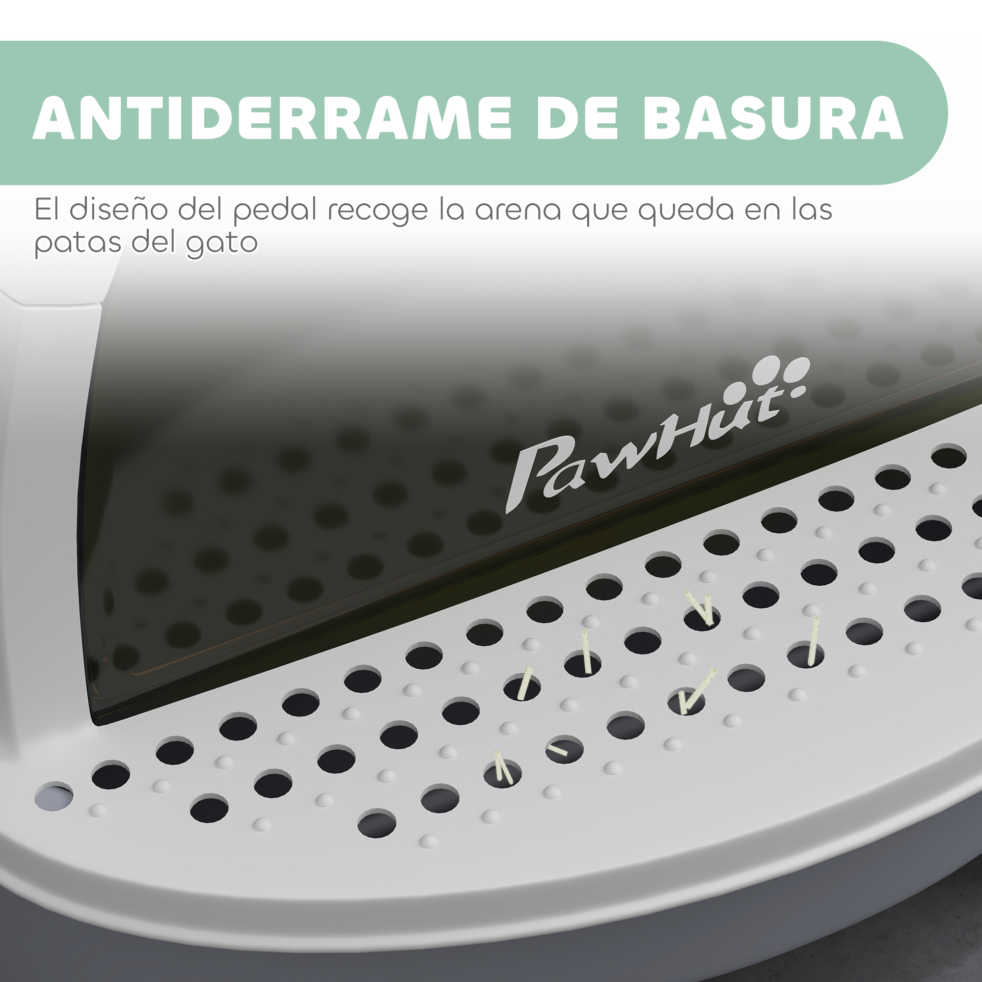 Primer plano de una caja de arena para gatos con diseño blanco y gris, con rejilla y el logotipo de PawHut.