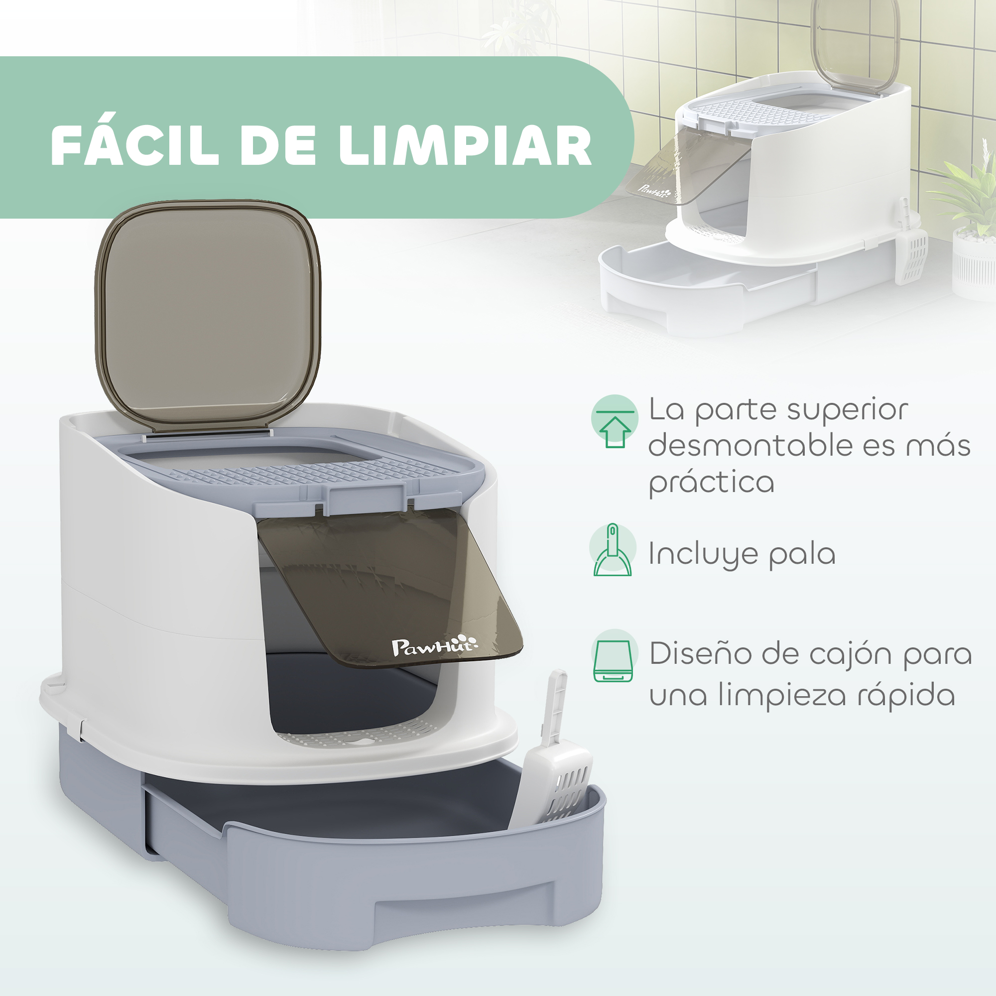 Una caja de arena para gatos blanca con una pala, tapa abierta y bandeja extraíble. Es fácil de limpiar.