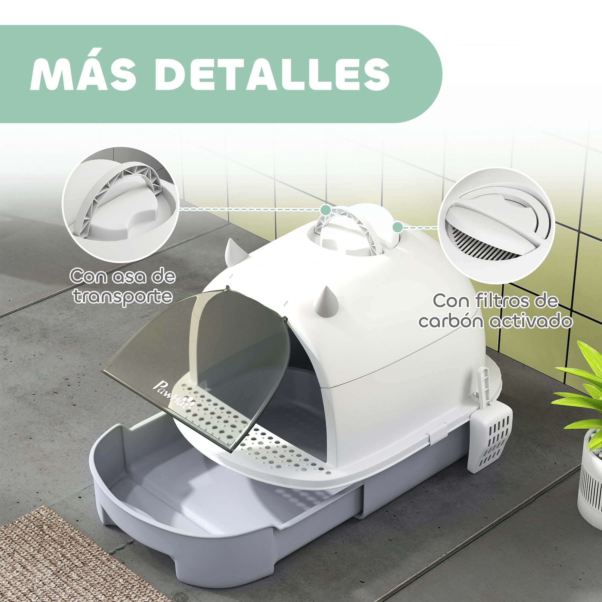 Una caja de arena blanca con la tapa abierta, que muestra un asa, filtros de carbono y una bandeja extraíble.
