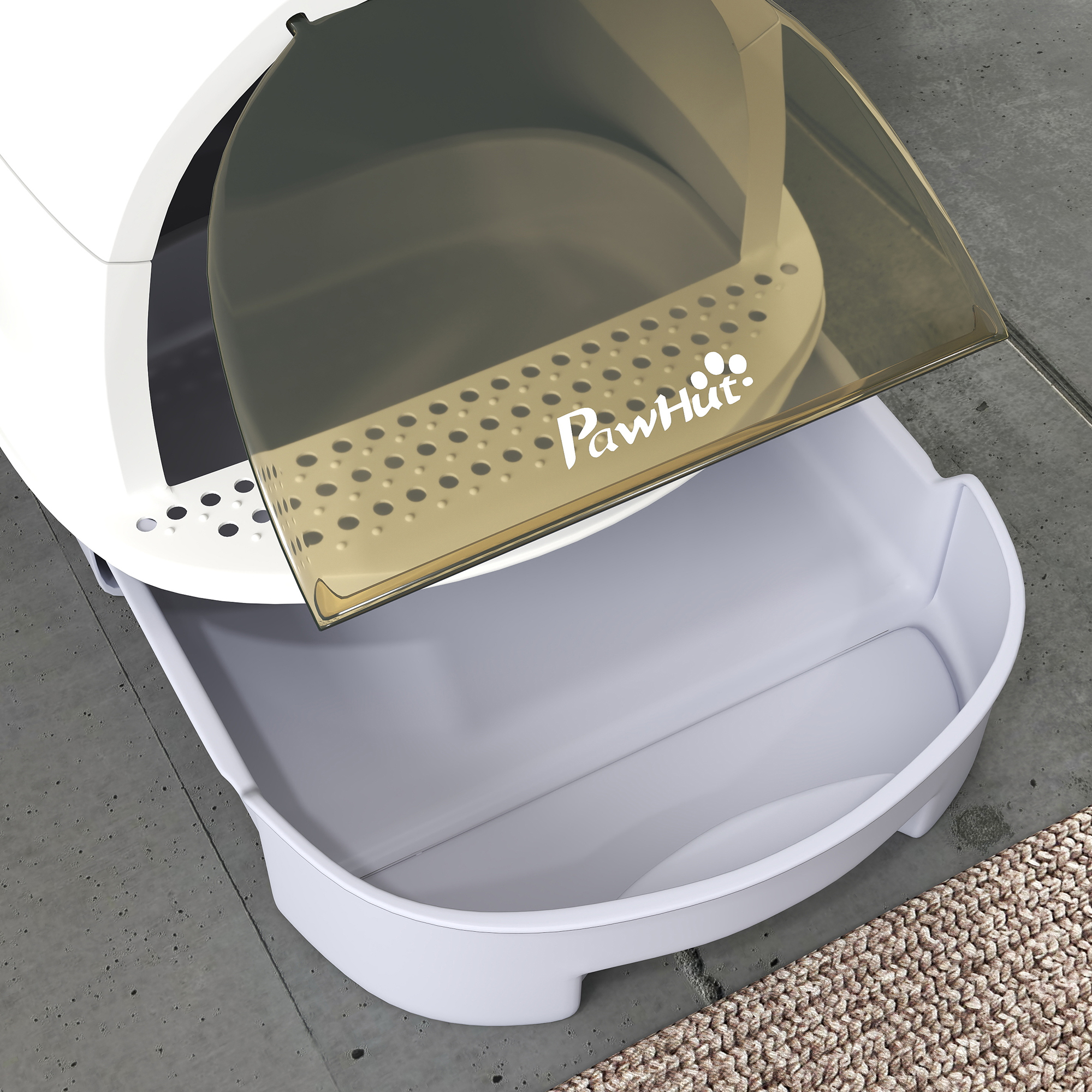 Una caja de arena para gatos tiene un cajón extraíble y una puerta transparente con bisagras.