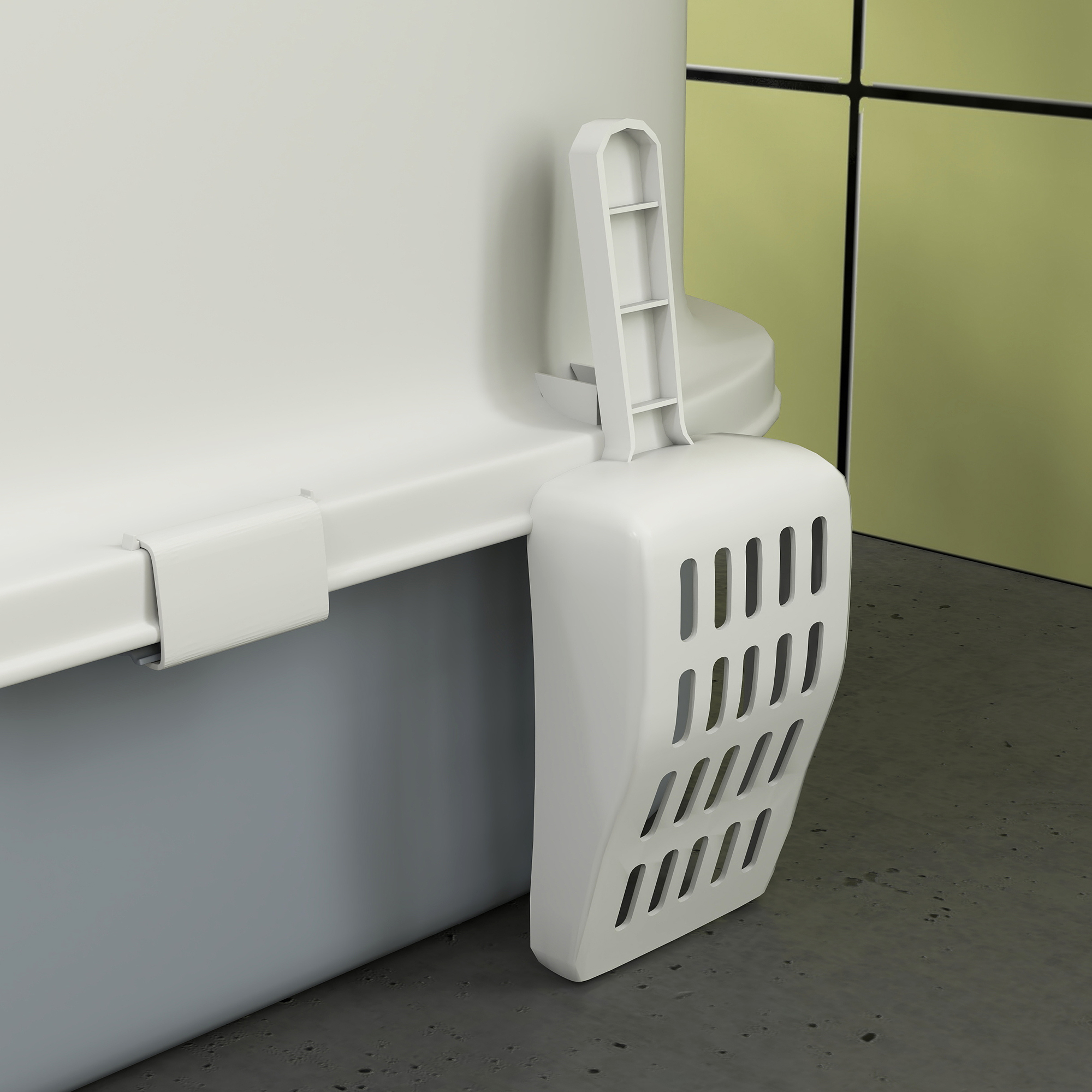 Una caja de arena para gatos blanca y gris tiene una pala unida a su lado.