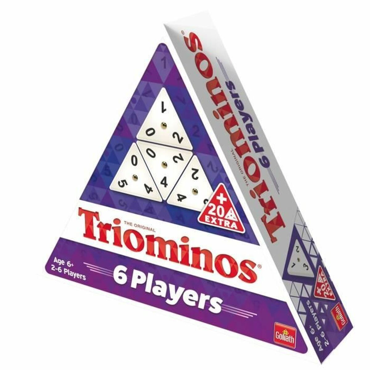 Scatola del gioco Triominoes, triangolare con numeri sulle tessere. La scatola è bianca, viola e rossa.