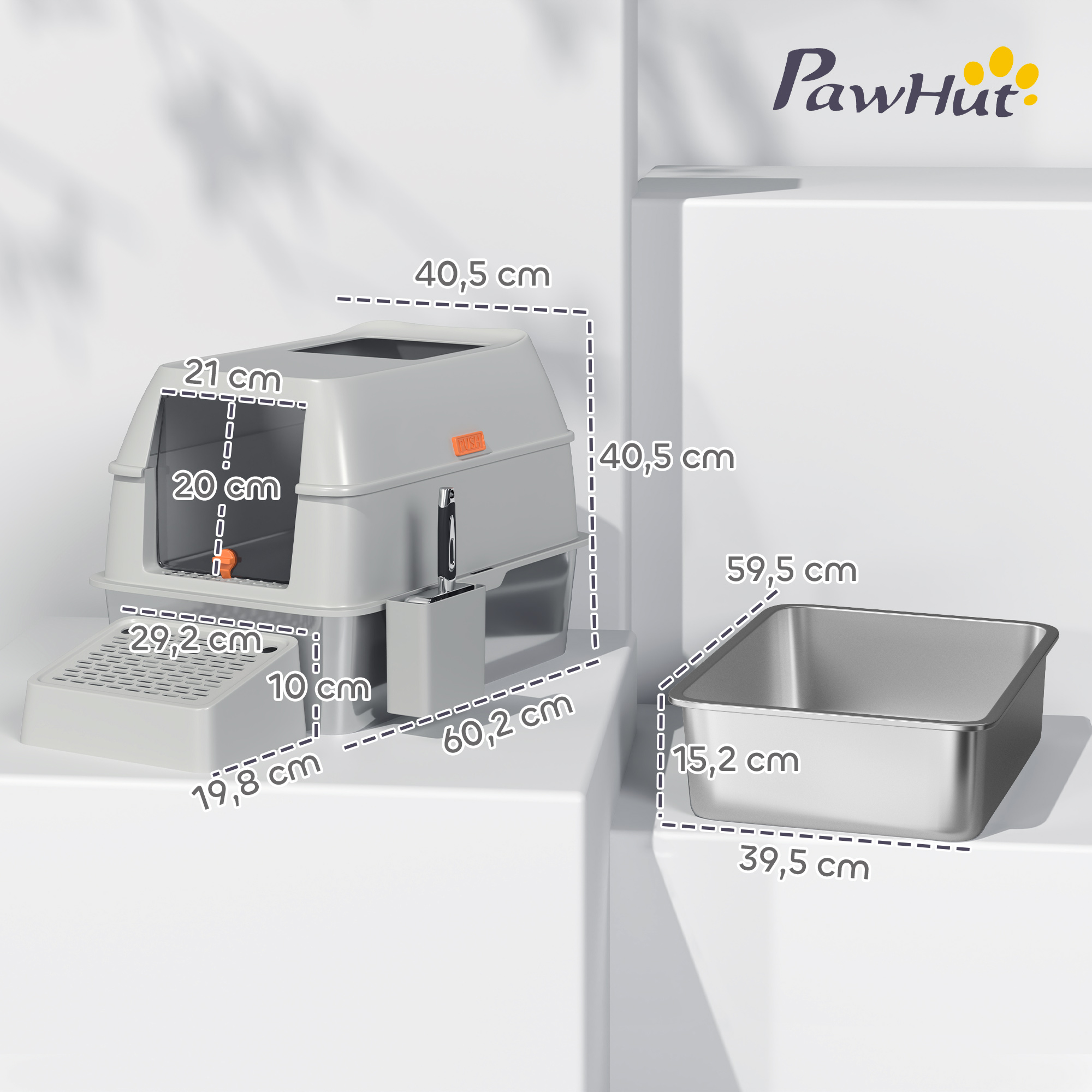 Primer plano de una caja de arena con dimensiones, la tapa ligeramente entreabierta y un asa naranja visible.