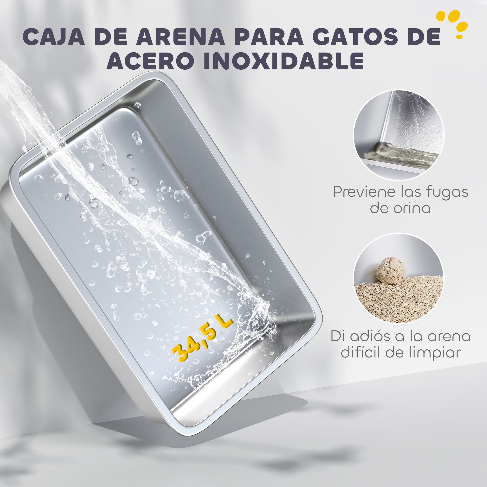 Una ilustración de una caja de arena para gatos de acero inoxidable con agua vertiéndose en ella.