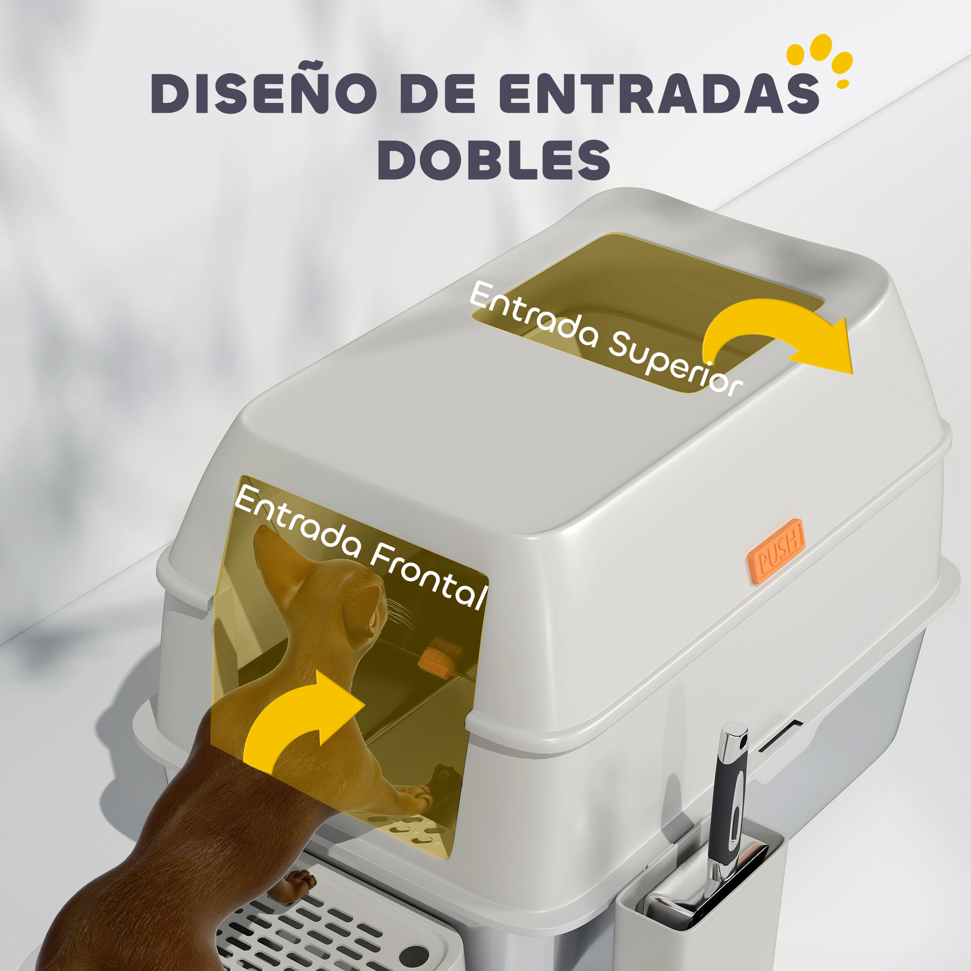 Una caja de arena para gatos con dos entradas. Un gato está entrando en la caja.