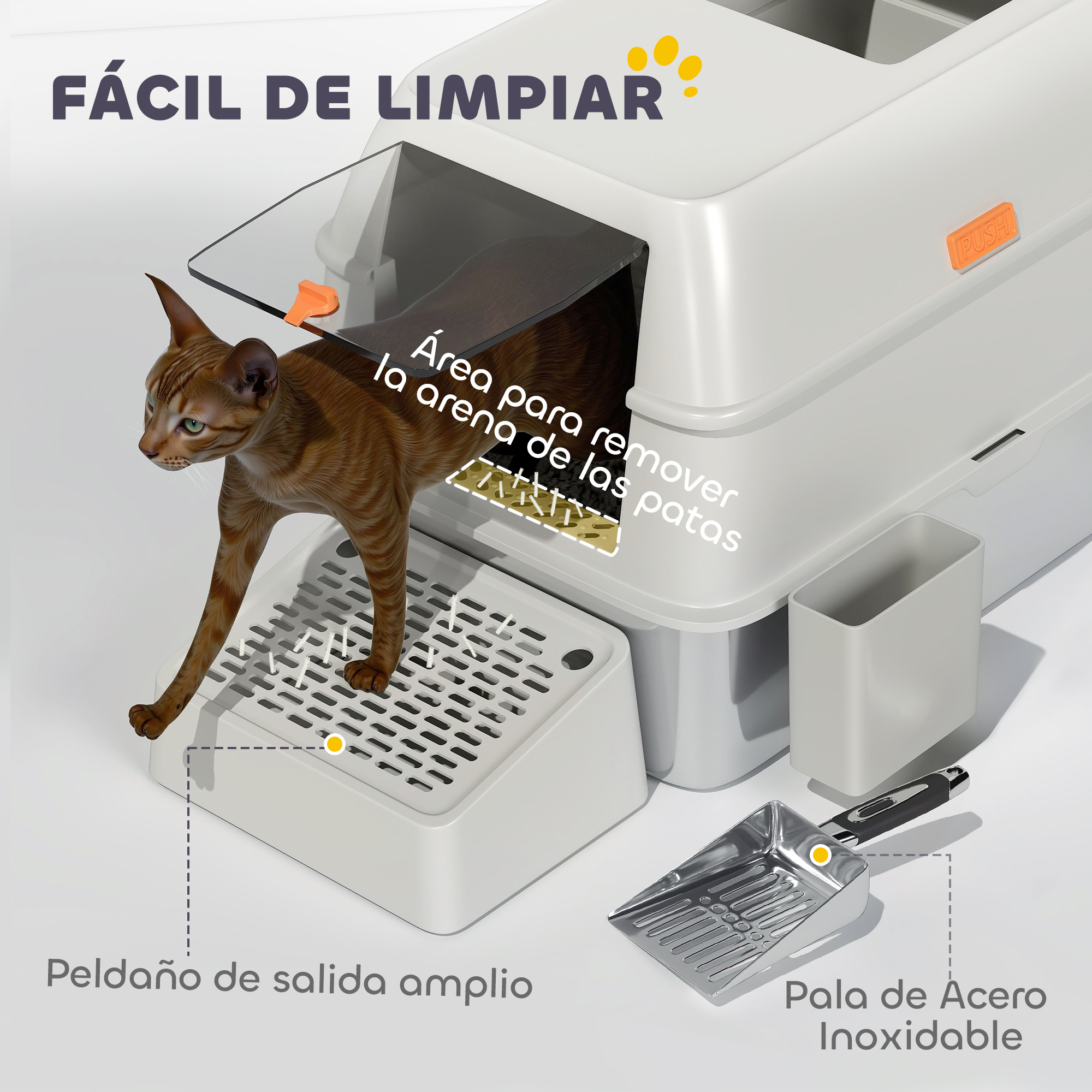 Un gato saliendo de una caja de arena, con etiquetas de texto en español y una pala de acero inoxidable.