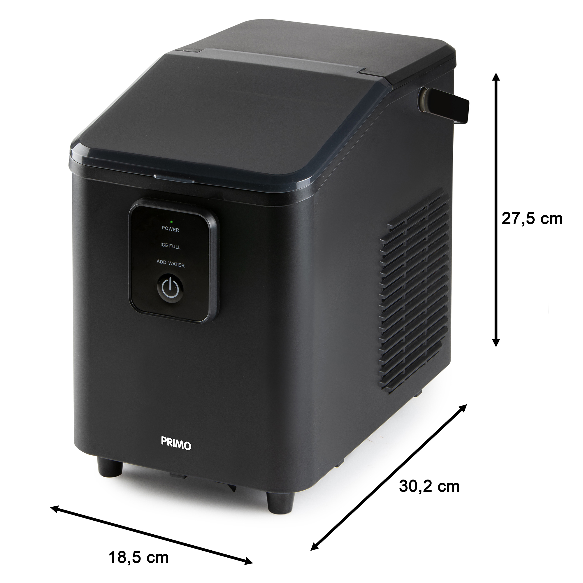 A black ice maker with dimensions labeled. The power and add water buttons are visible.