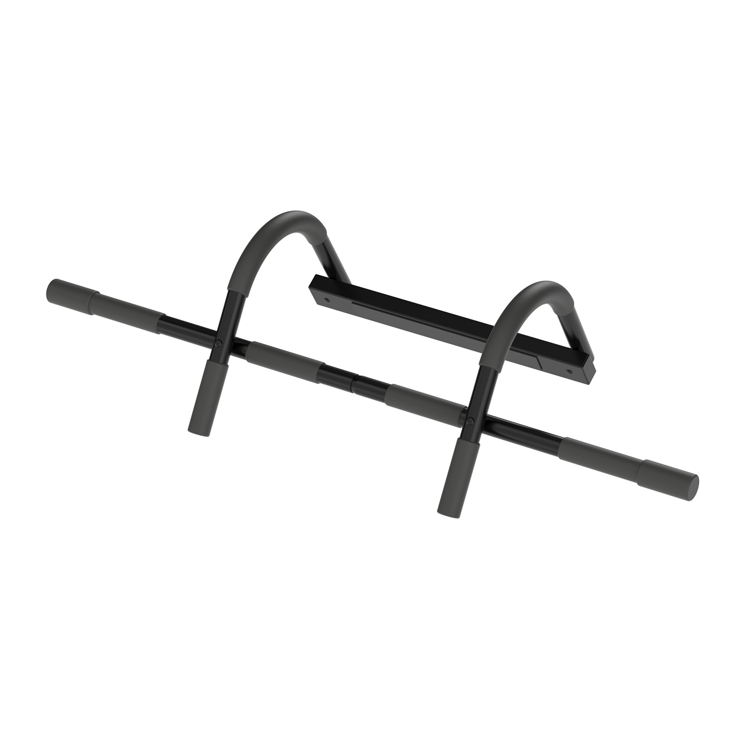 Pull-up bar, black, mounted on a white wall, with gray handles.