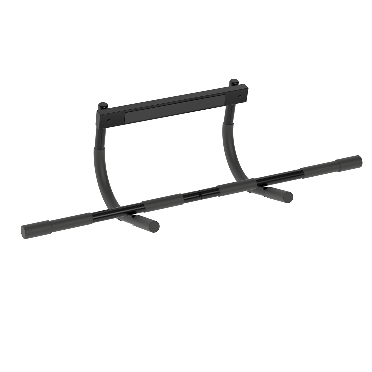 Black pull-up bar with gray grips, installed on a door frame.