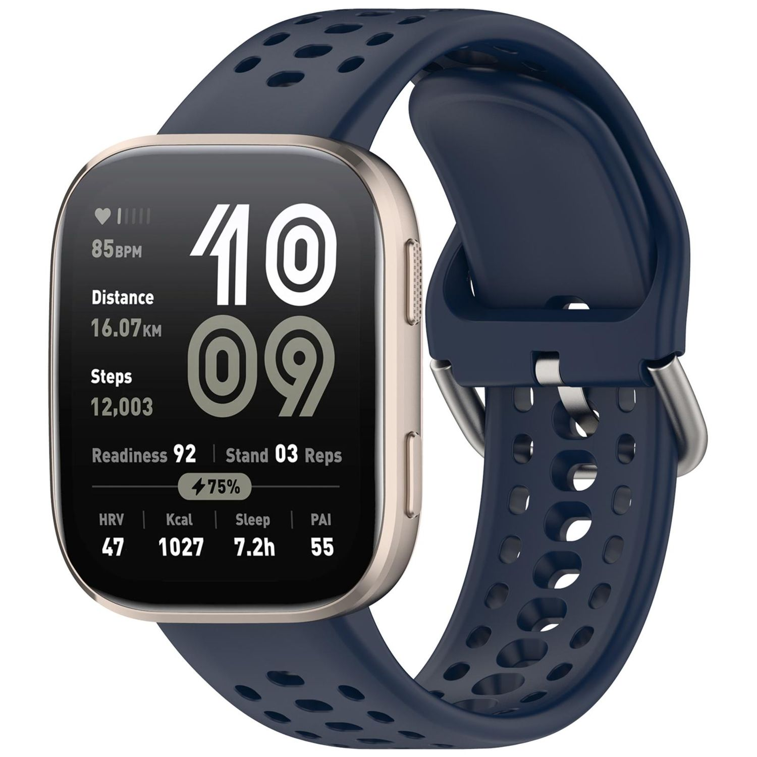 Smartwatch mit marineblauem Armband, zeigt Daten wie Schritte, Herzfrequenz und Zeit.