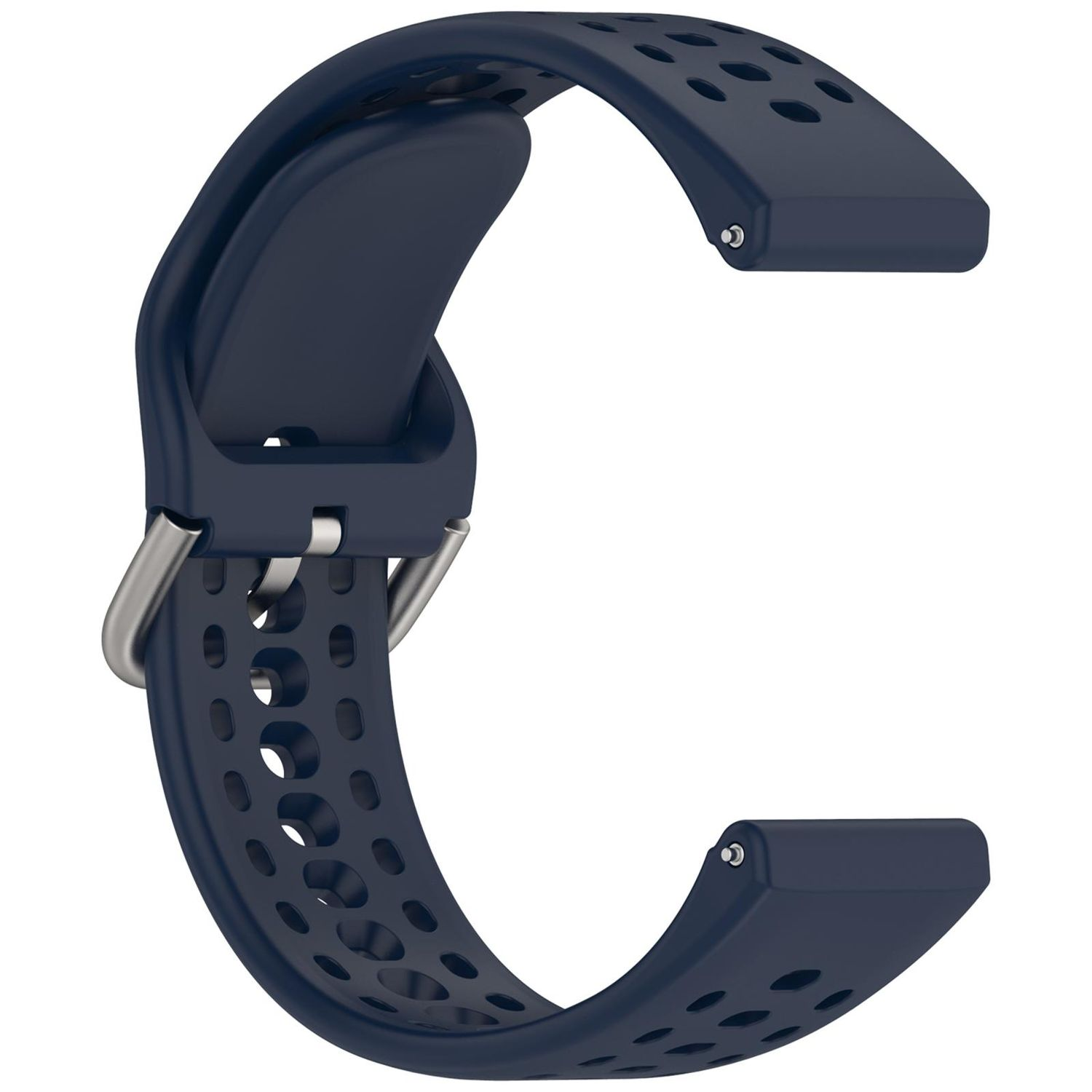 Ein dunkelblaues Uhrenarmband mit Perforationen und einer silbernen Schnalle.