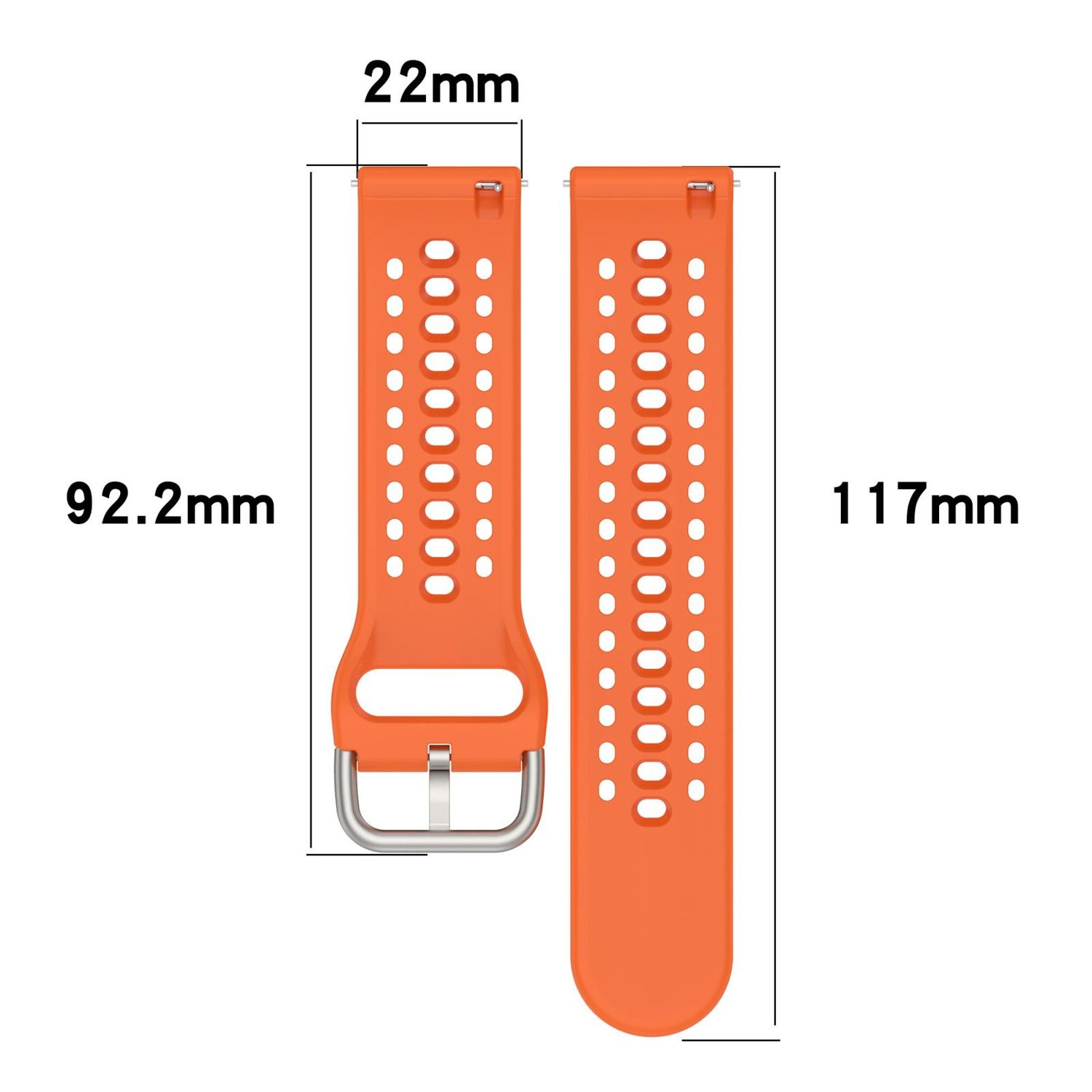Ein orangefarbenes Uhrenarmband mit Perforationen und angezeigten Abmessungen.