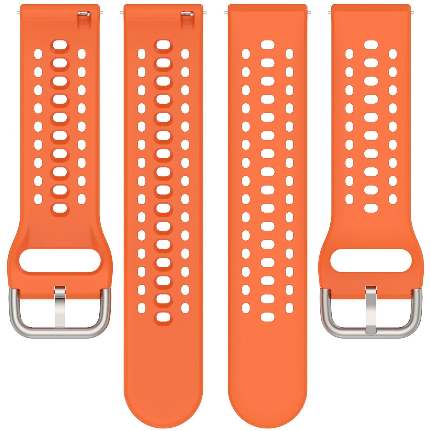 Vier orangefarbene Uhrenarmbänder mit Metallschnallen.