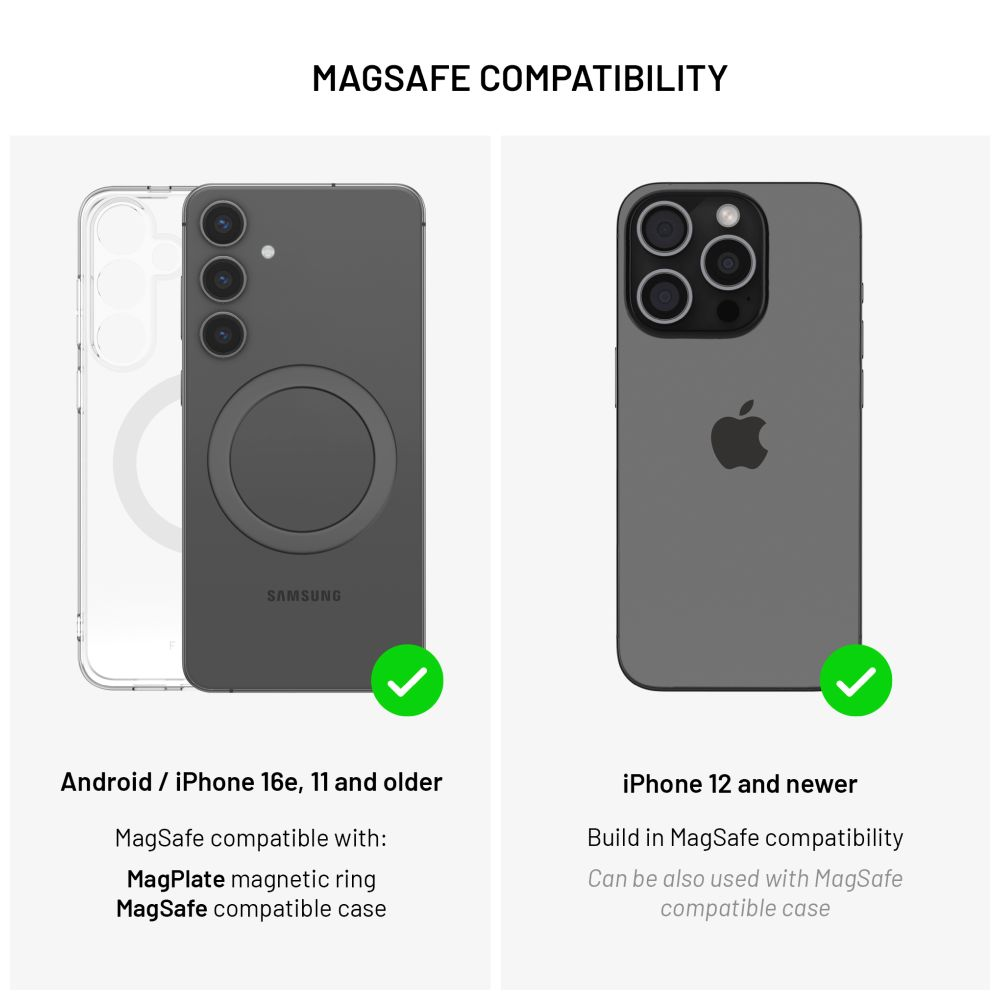 Zwei Telefone nebeneinander, eines klar, eines schwarz, mit MagSafe-Kompatibilitätsinfo.