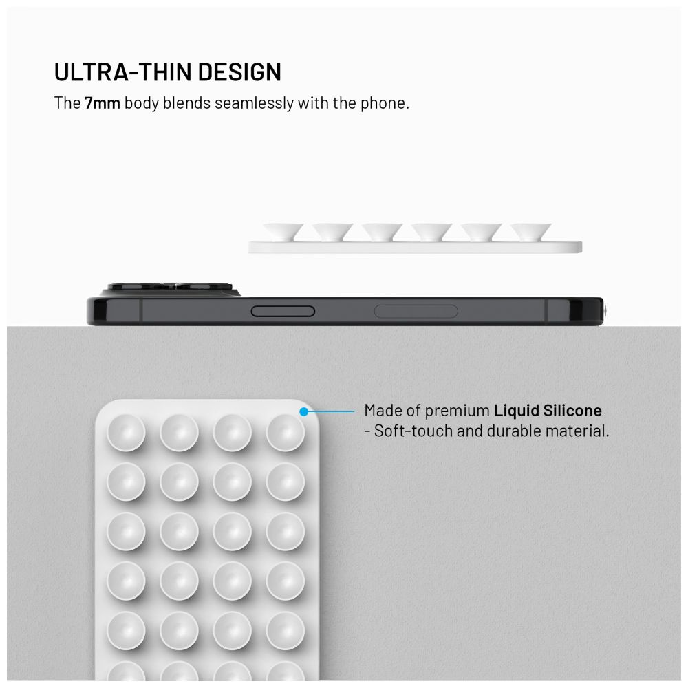 Diagramm eines Telefons mit Magnetpad. Text: Ultra-Thin Design. Hergestellt aus Premium Liquid Silicone.