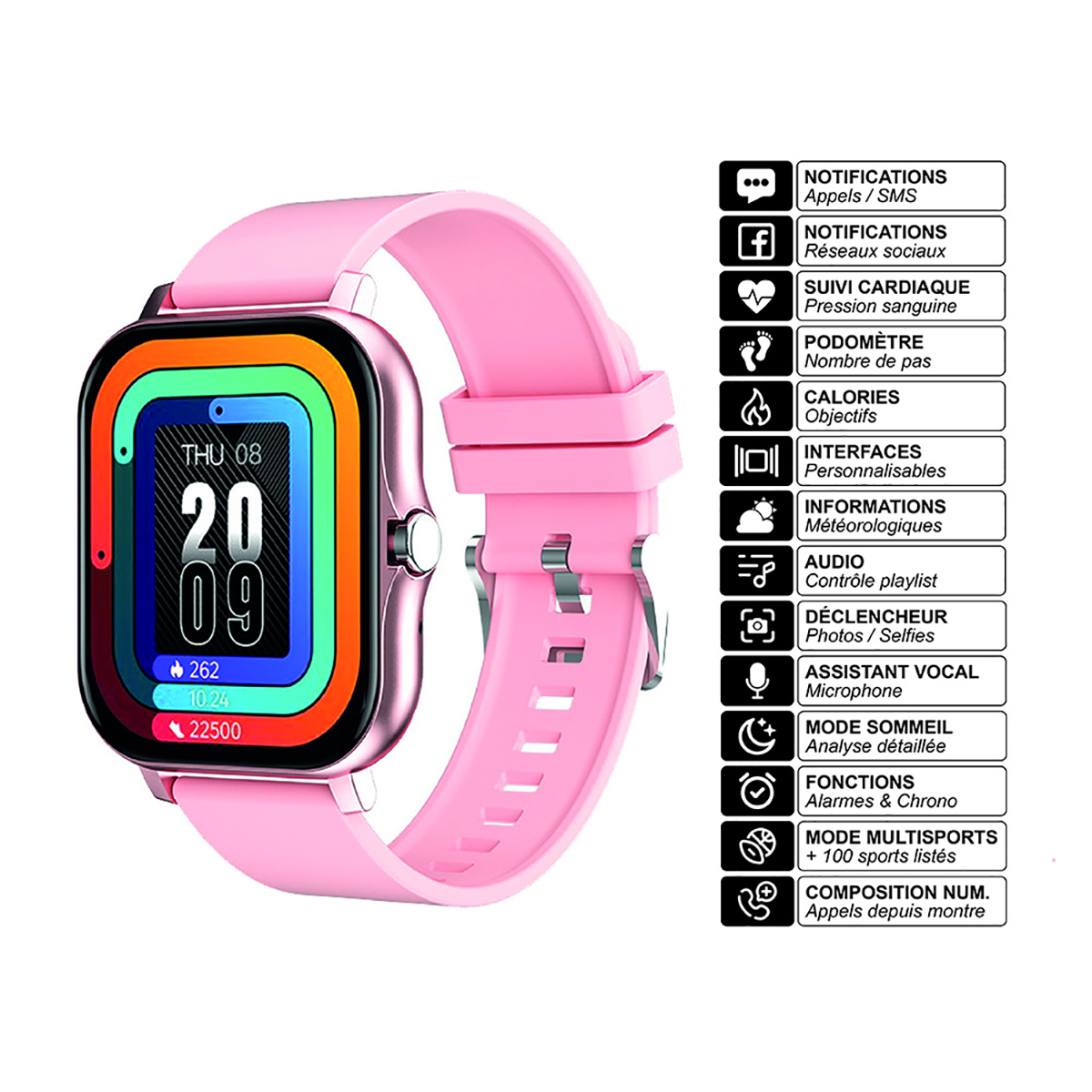 Montre connectée rose avec cadran carré, affichant des icônes d'informations et des données sur fond blanc.
