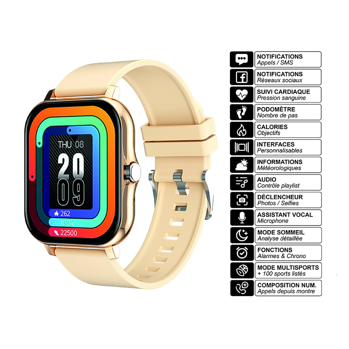 Montre connectée avec de nombreuses fonctionnalités, bracelet beige, affichant l'heure et les données de santé.